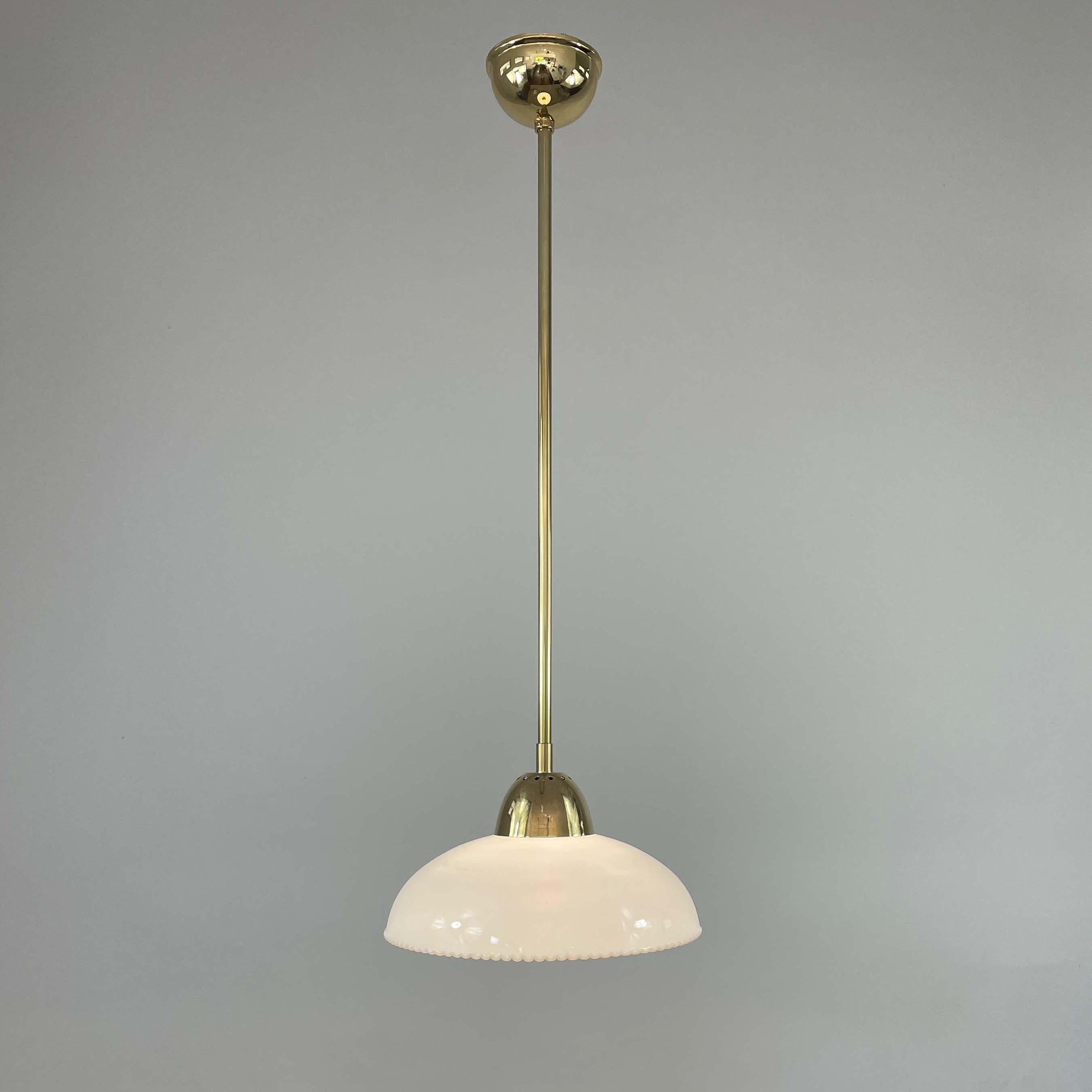 Mid-20th Century Art Deco White Opaline Glass and Brass Pendants, Sweden 1940s, Set of 2 For Sale