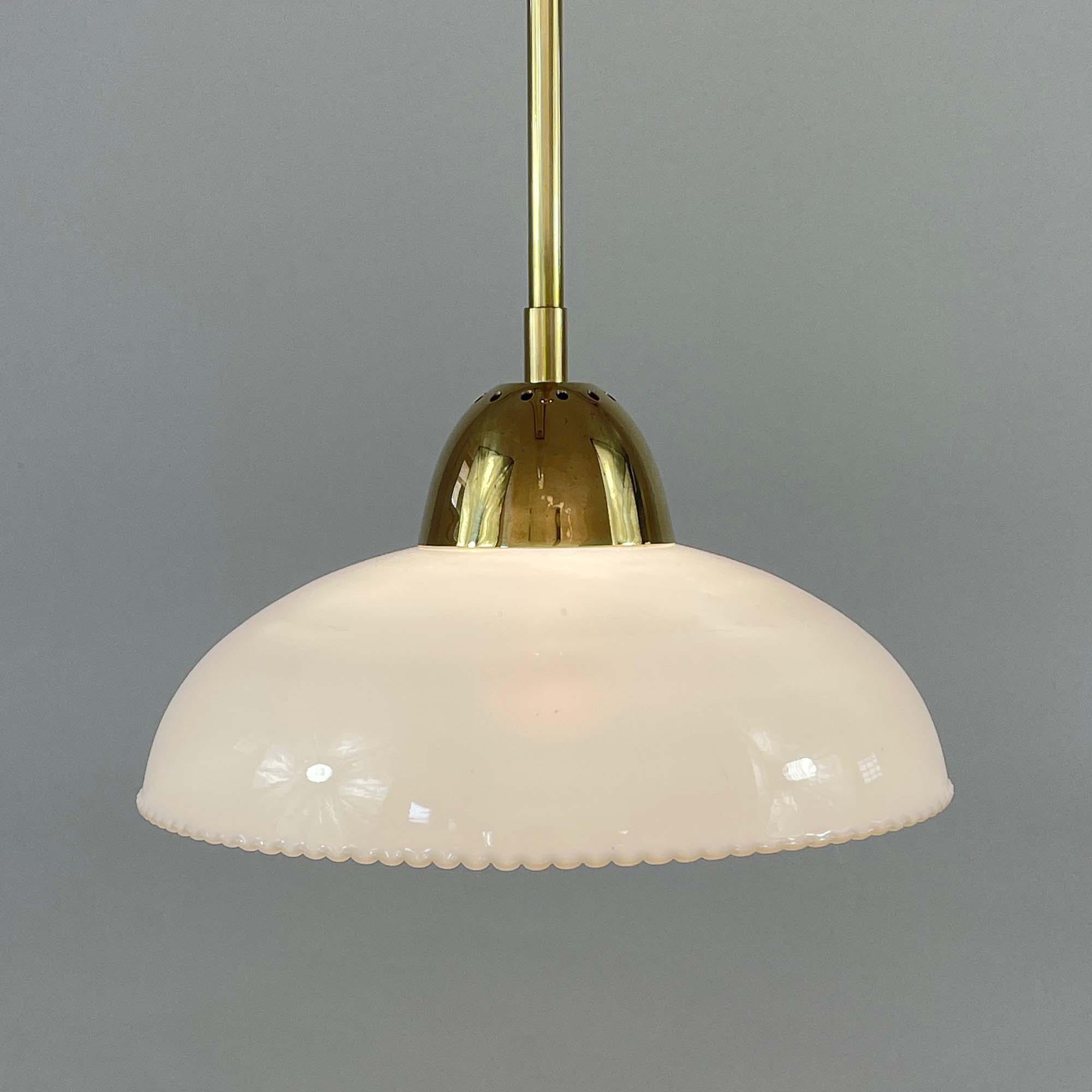 Art Deco White Opaline Glass and Brass Pendants, Sweden 1940s, Set of 2 For Sale 1