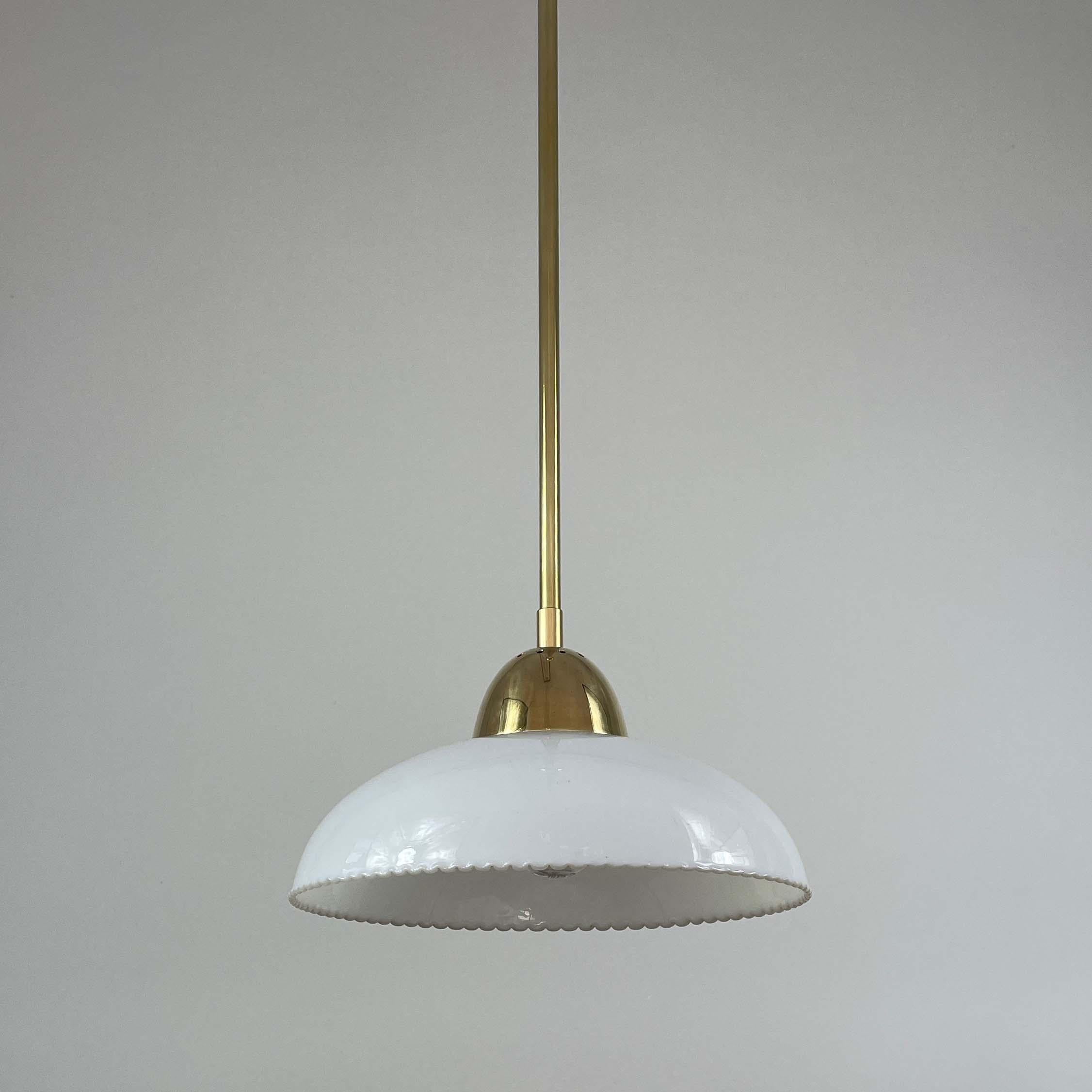 Art Deco White Opaline Glass and Brass Pendants, Sweden 1940s, Set of 2 For Sale 4