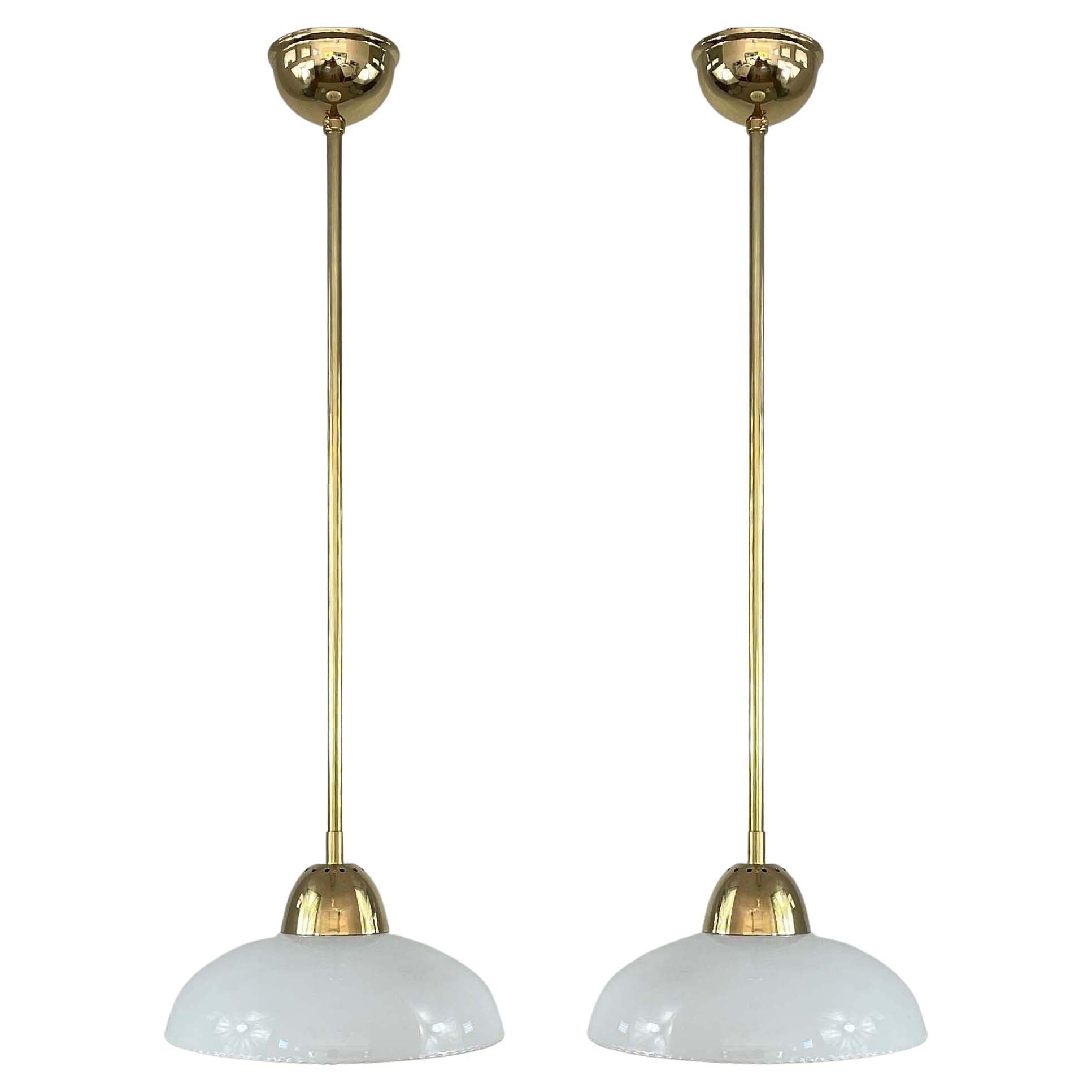 Art Deco White Opaline Glass and Brass Pendants, Sweden 1940s, Set of 2 For Sale