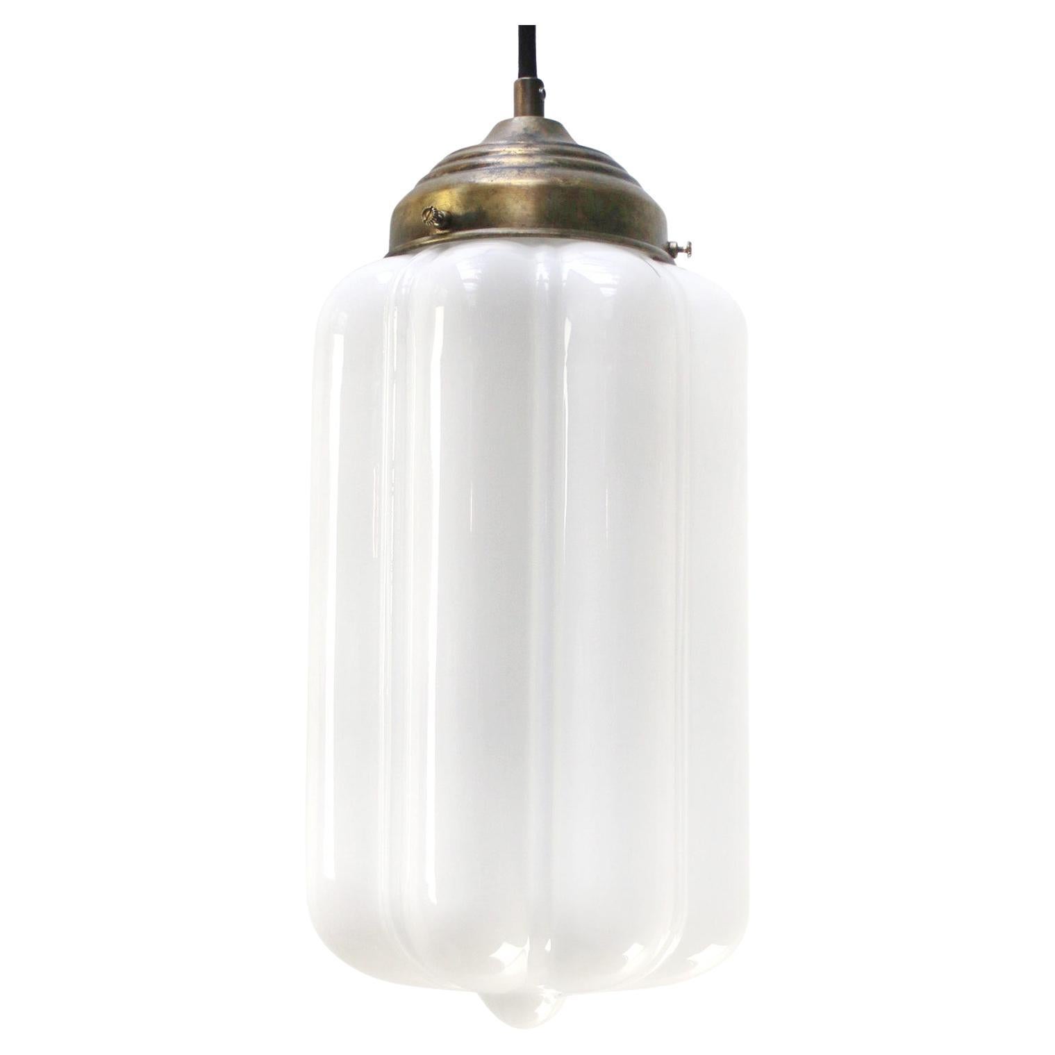 Art Deco White Opaline Glass Brass Pendant Lights For Sale