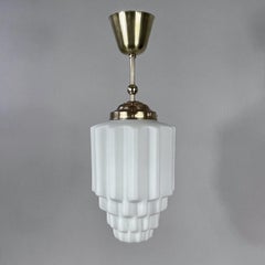 Art Deco White Opaline Glass & Brass Skyscraper Pendant, France 1930s