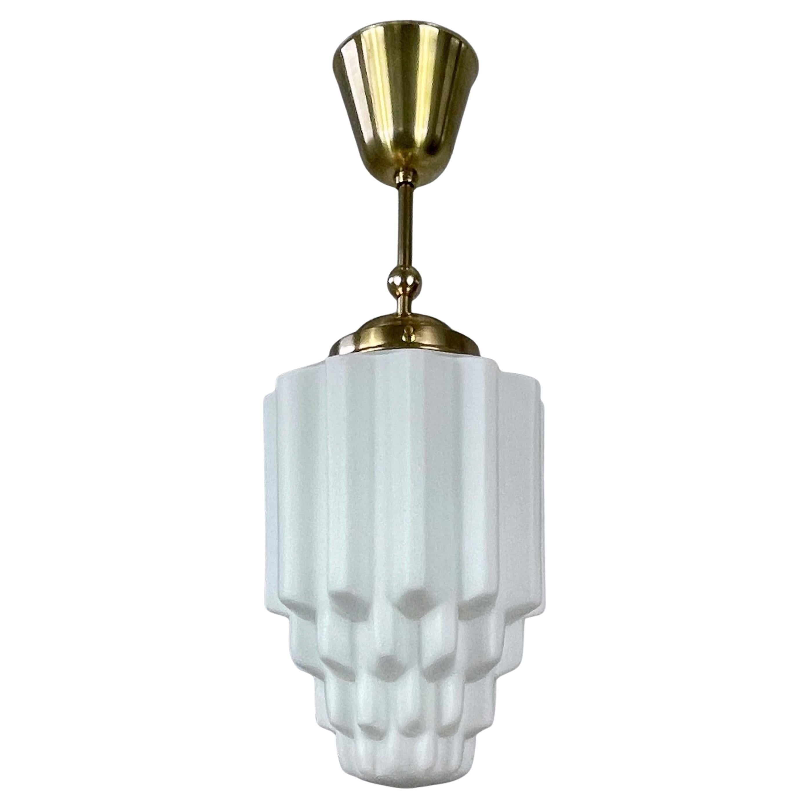 Art Deco White Opaline Glass & Brass Skyscraper Pendant, France 1930s