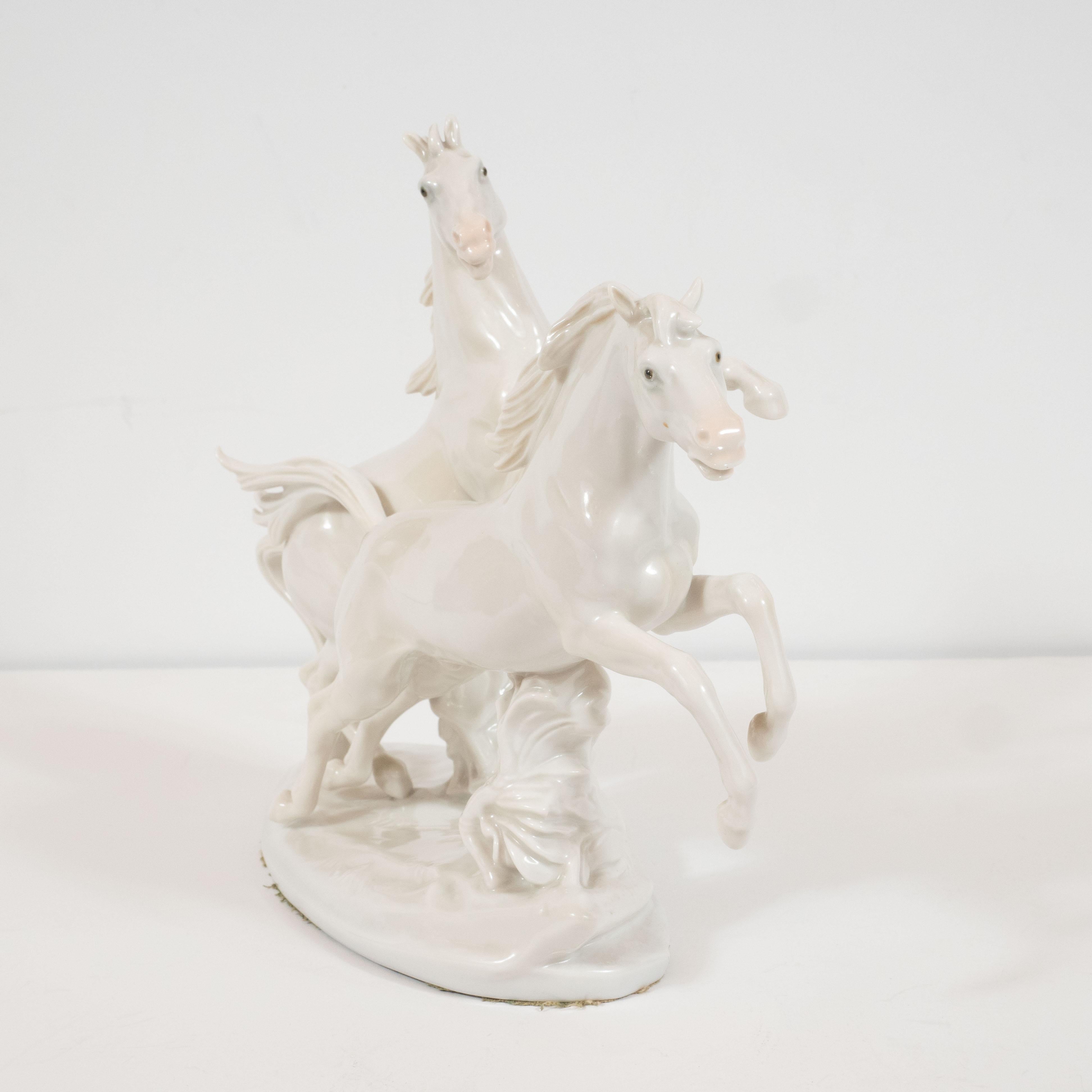 German Art Deco White Porcelain Galloping Horse Sculptures Signed by Karl Ens For Sale