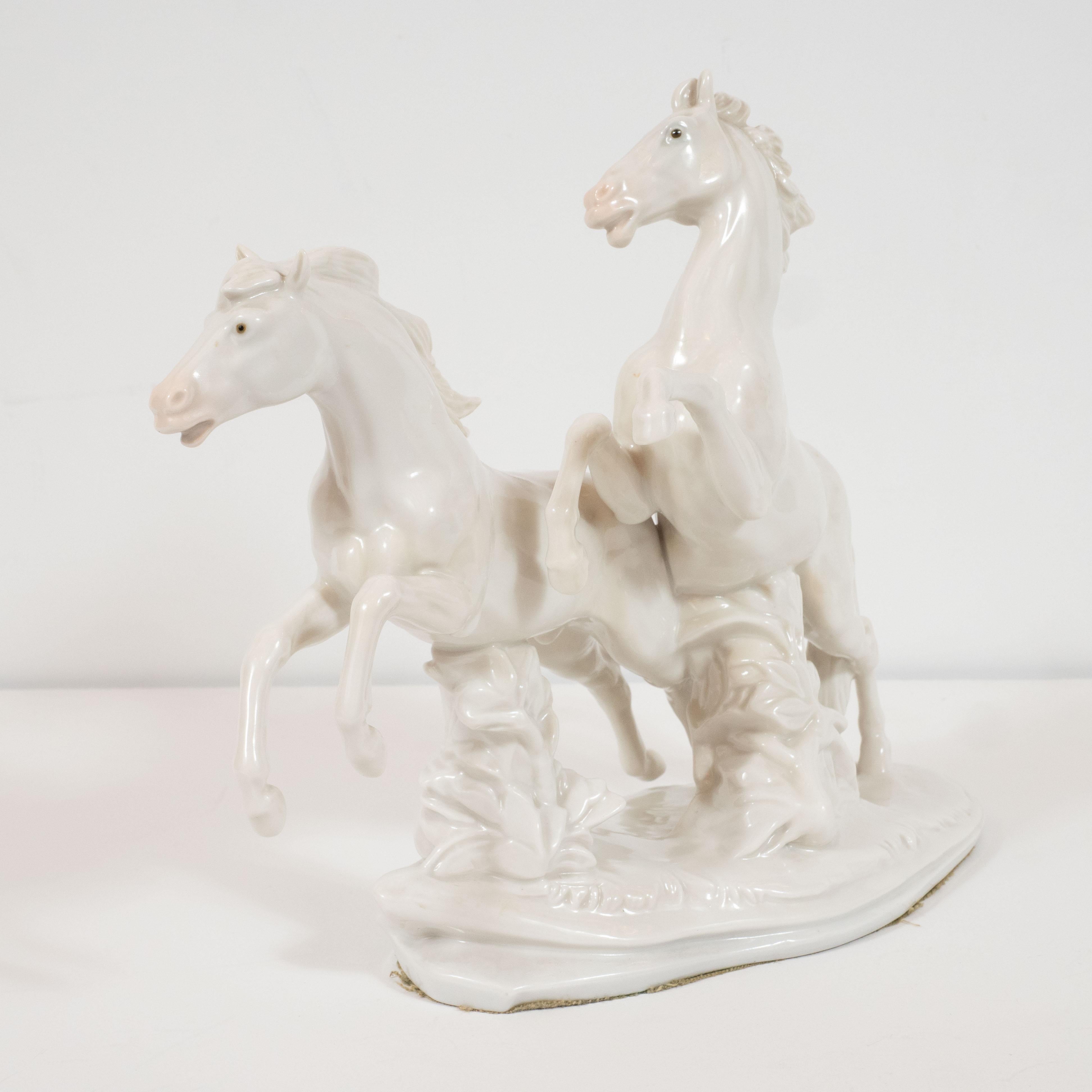 Art Deco White Porcelain Galloping Horse Sculptures Signed by Karl Ens In Excellent Condition For Sale In New York, NY