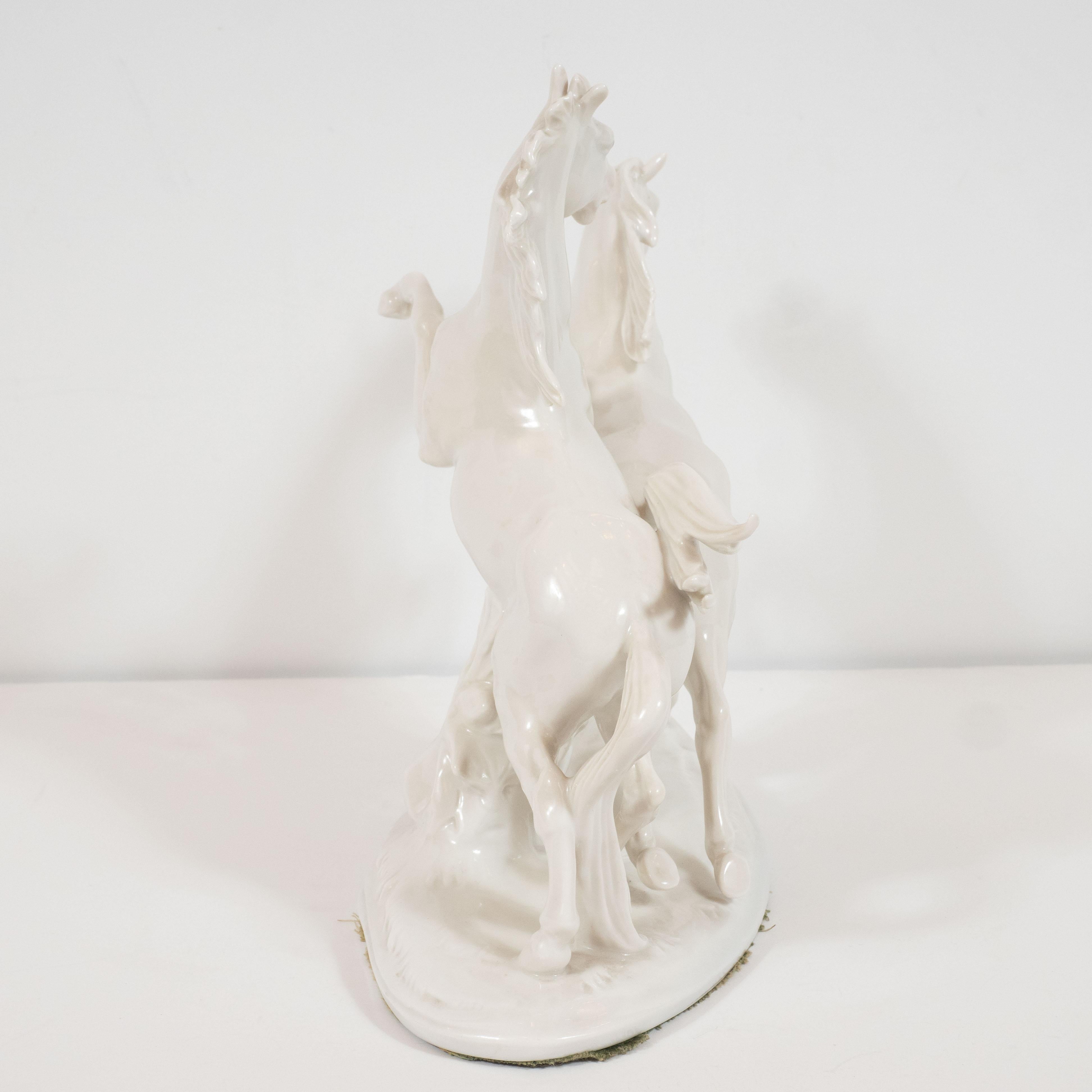 Art Deco White Porcelain Galloping Horse Sculptures Signed by Karl Ens For Sale 2