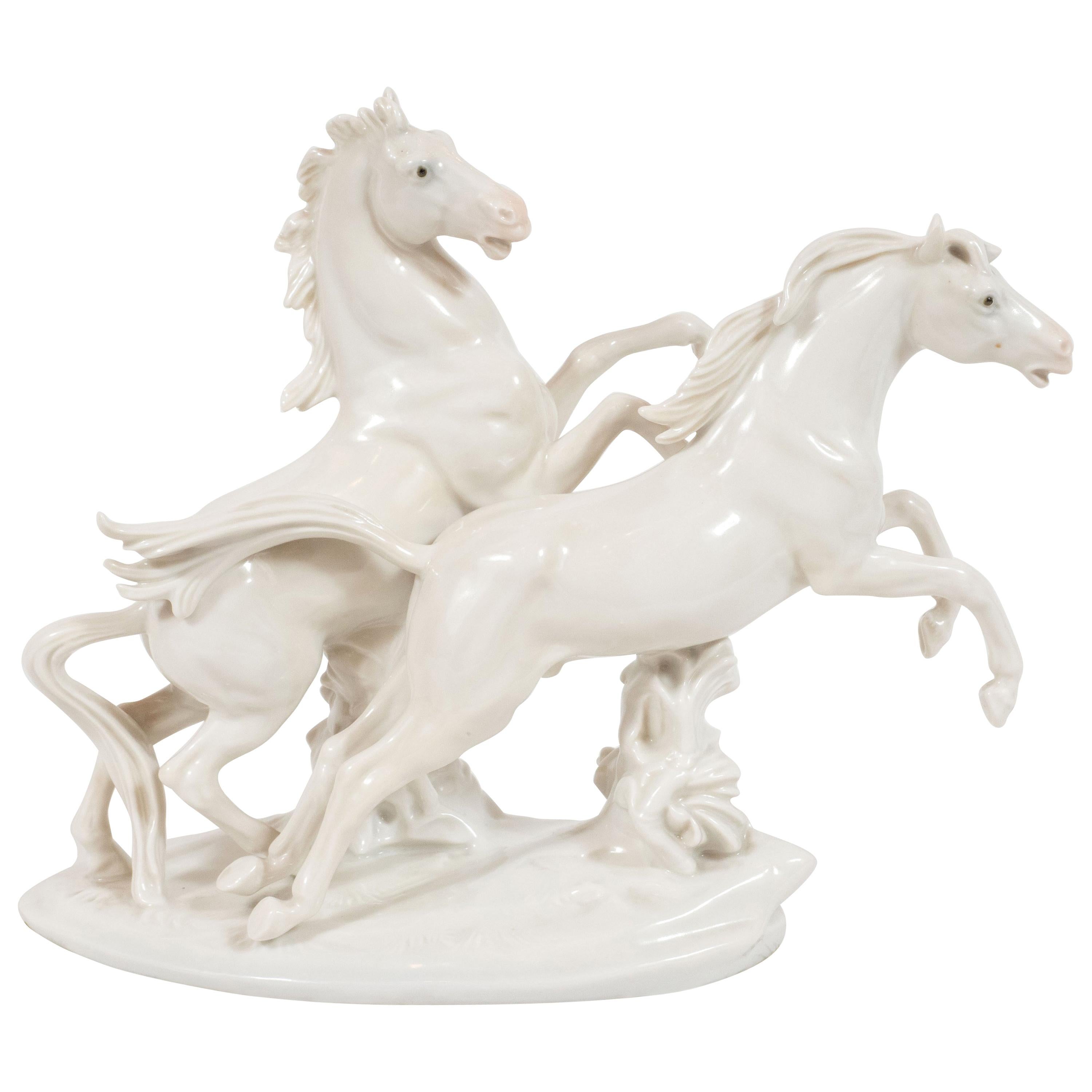 Art Deco White Porcelain Galloping Horse Sculptures Signed by Karl Ens