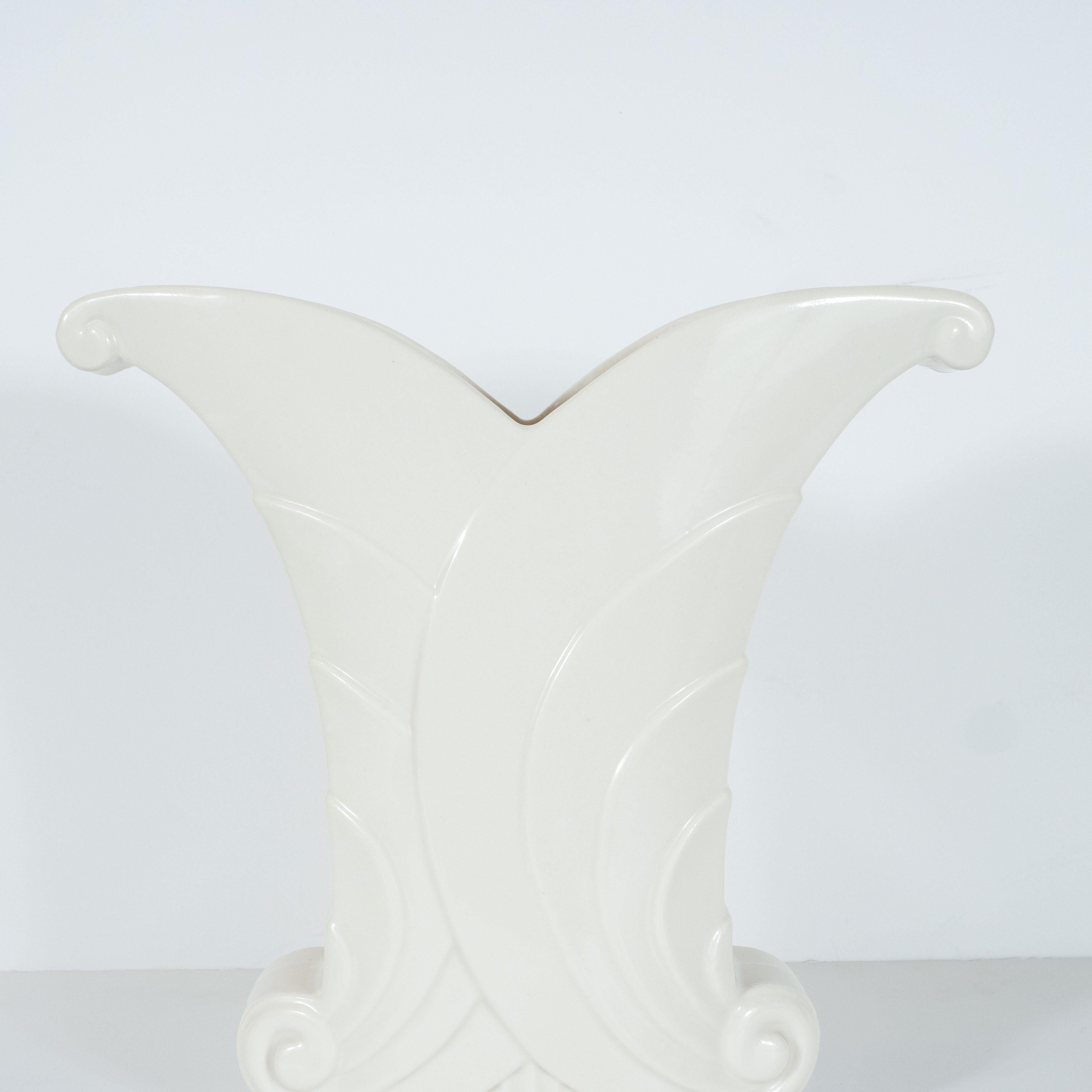 American Art Deco White Porcelain Skyscraper Style Scroll Form Vase by Abingdon