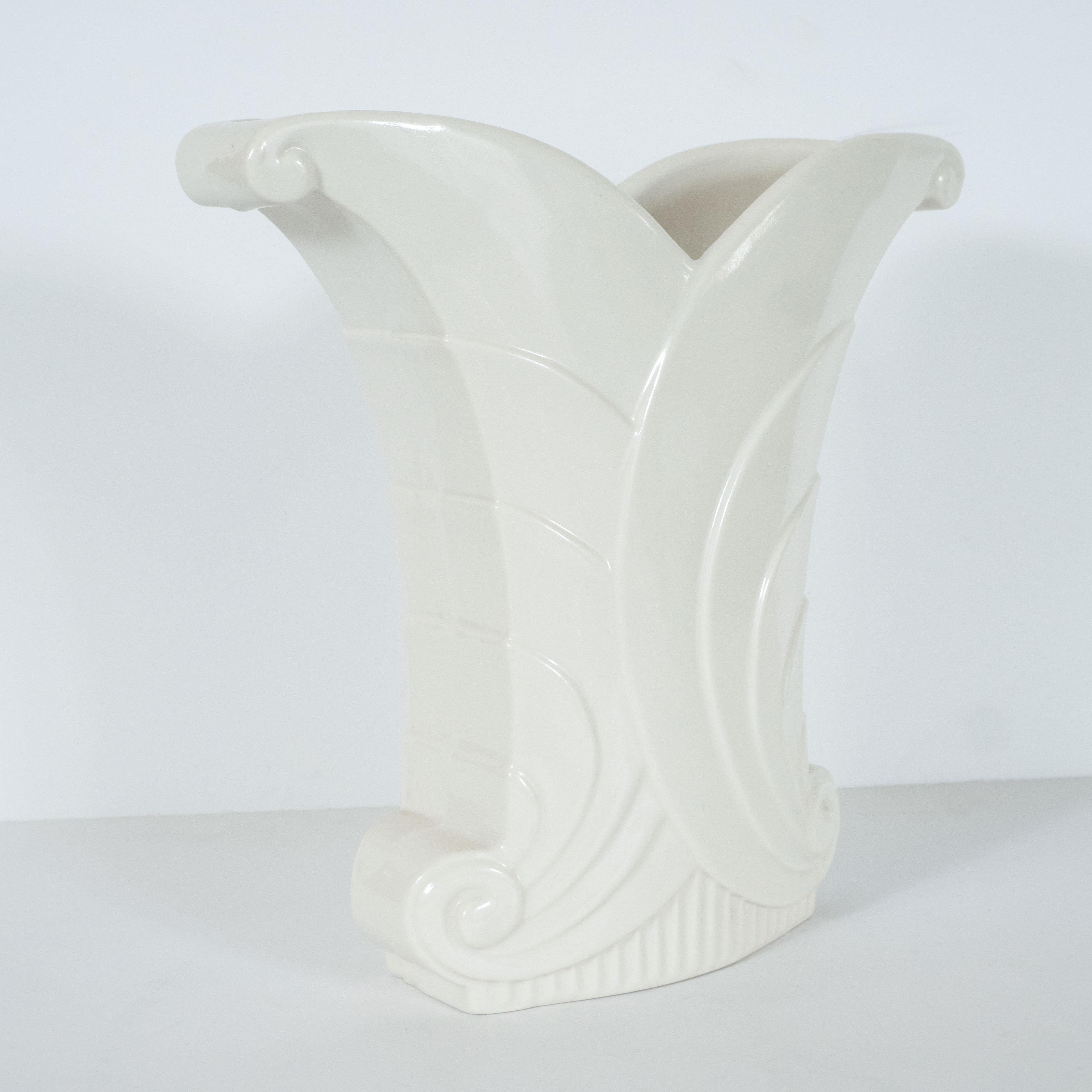Mid-20th Century Art Deco White Porcelain Skyscraper Style Scroll Form Vase by Abingdon