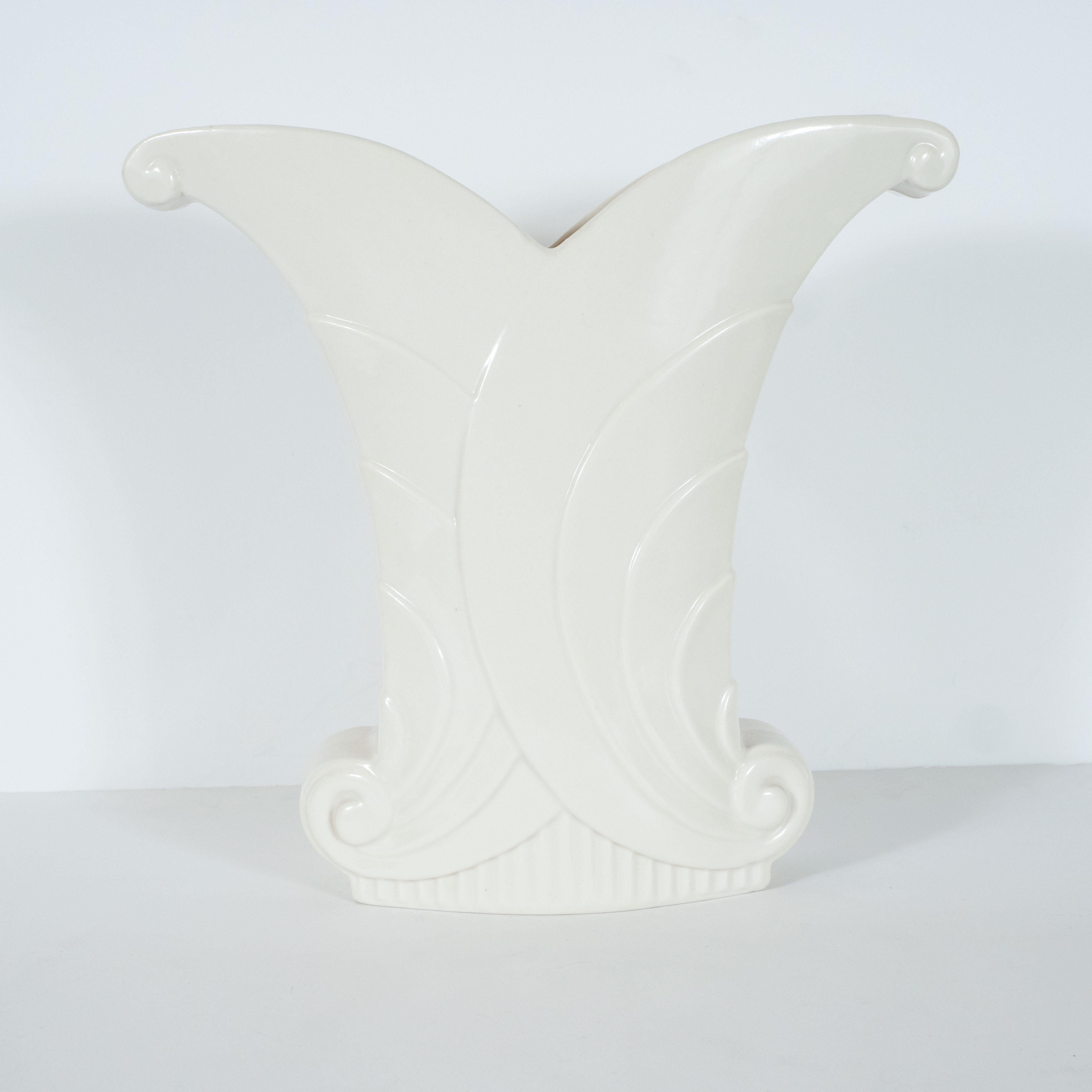 Art Deco White Porcelain Skyscraper Style Scroll Form Vase by Abingdon 2
