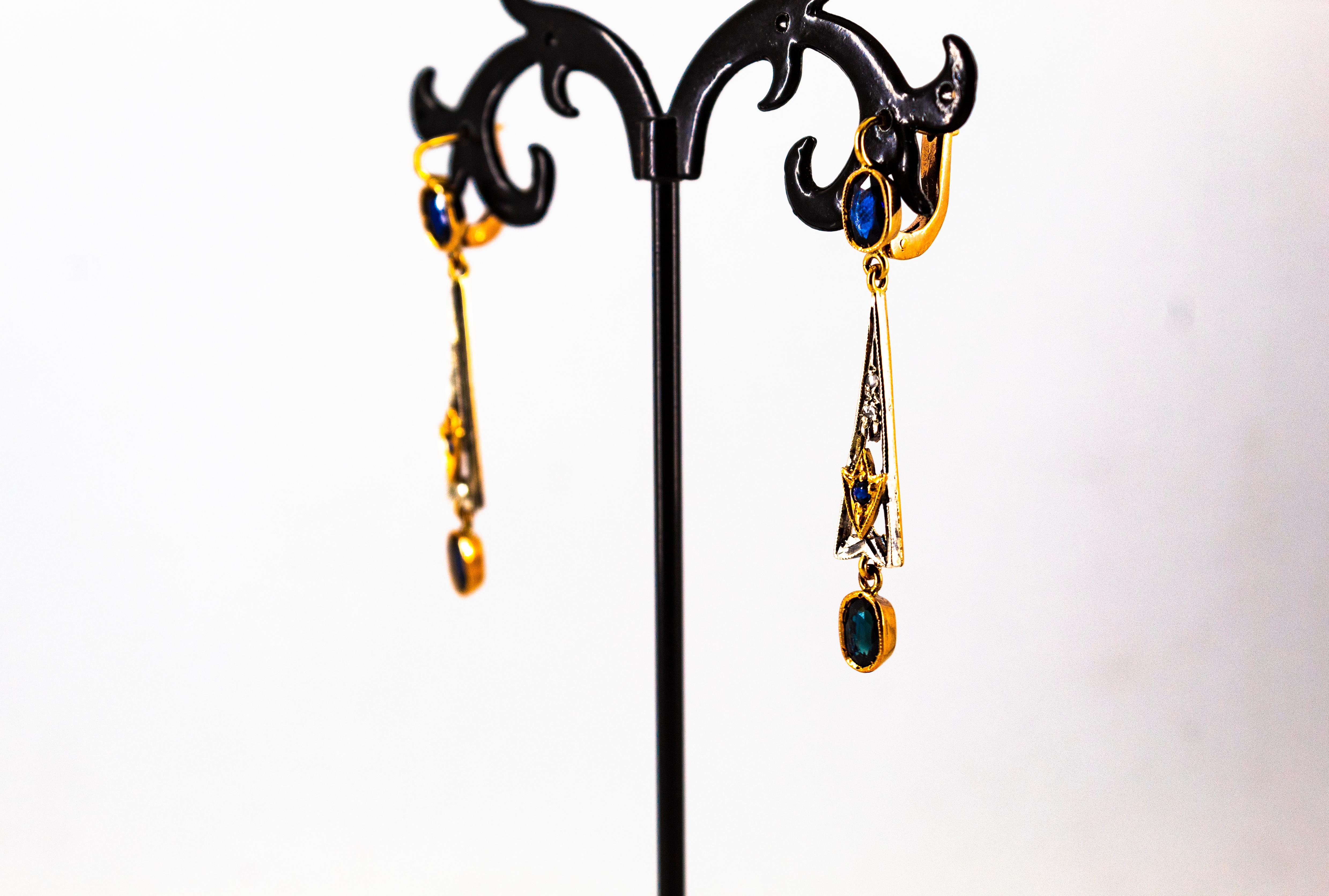 Art Deco White Rose Cut Diamond Blue Sapphire Yellow Gold Lever-Back Earrings en venta 4