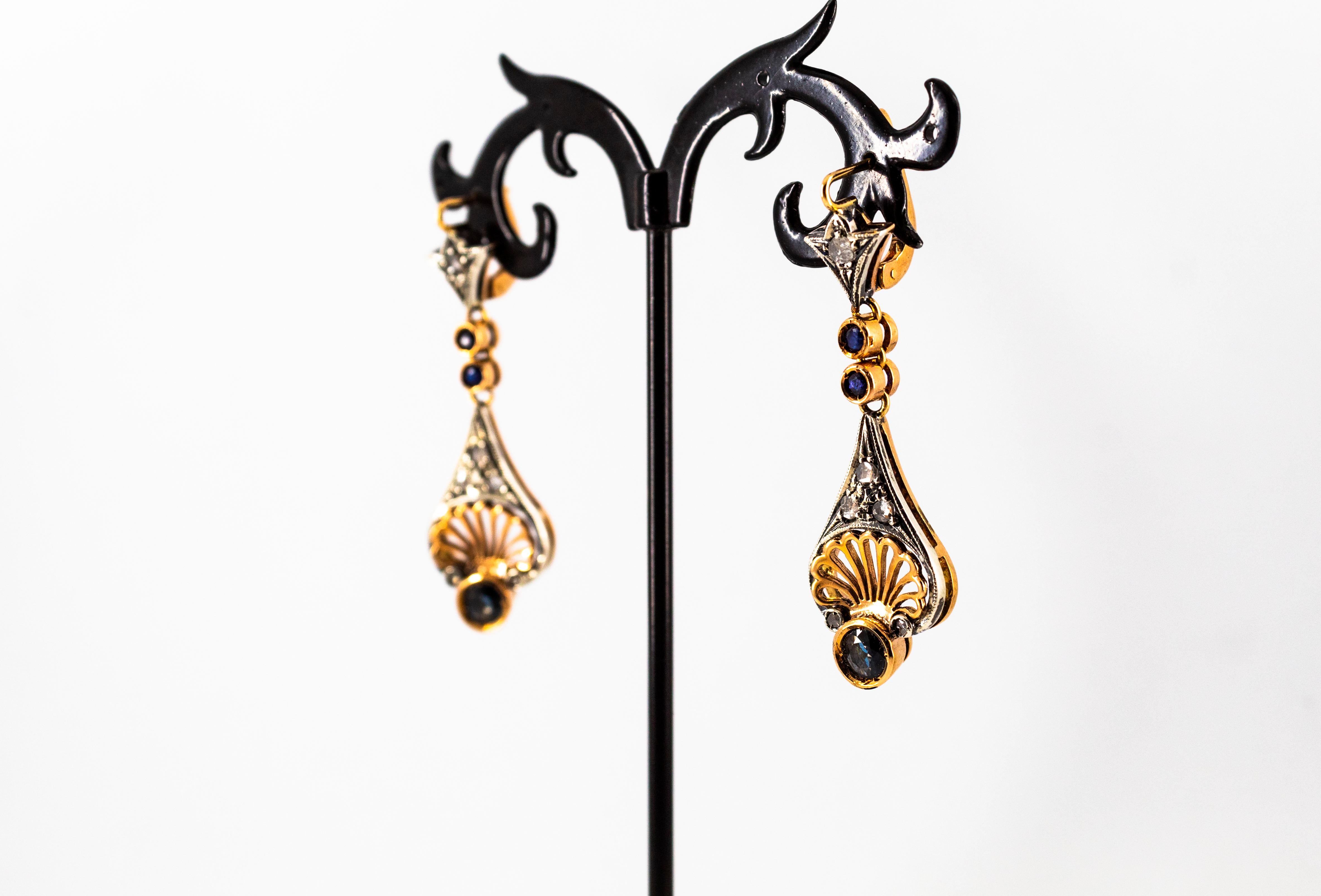 Art Deco White Rose Cut Diamond Blue Sapphire Yellow Gold Lever-Back Earrings For Sale 6