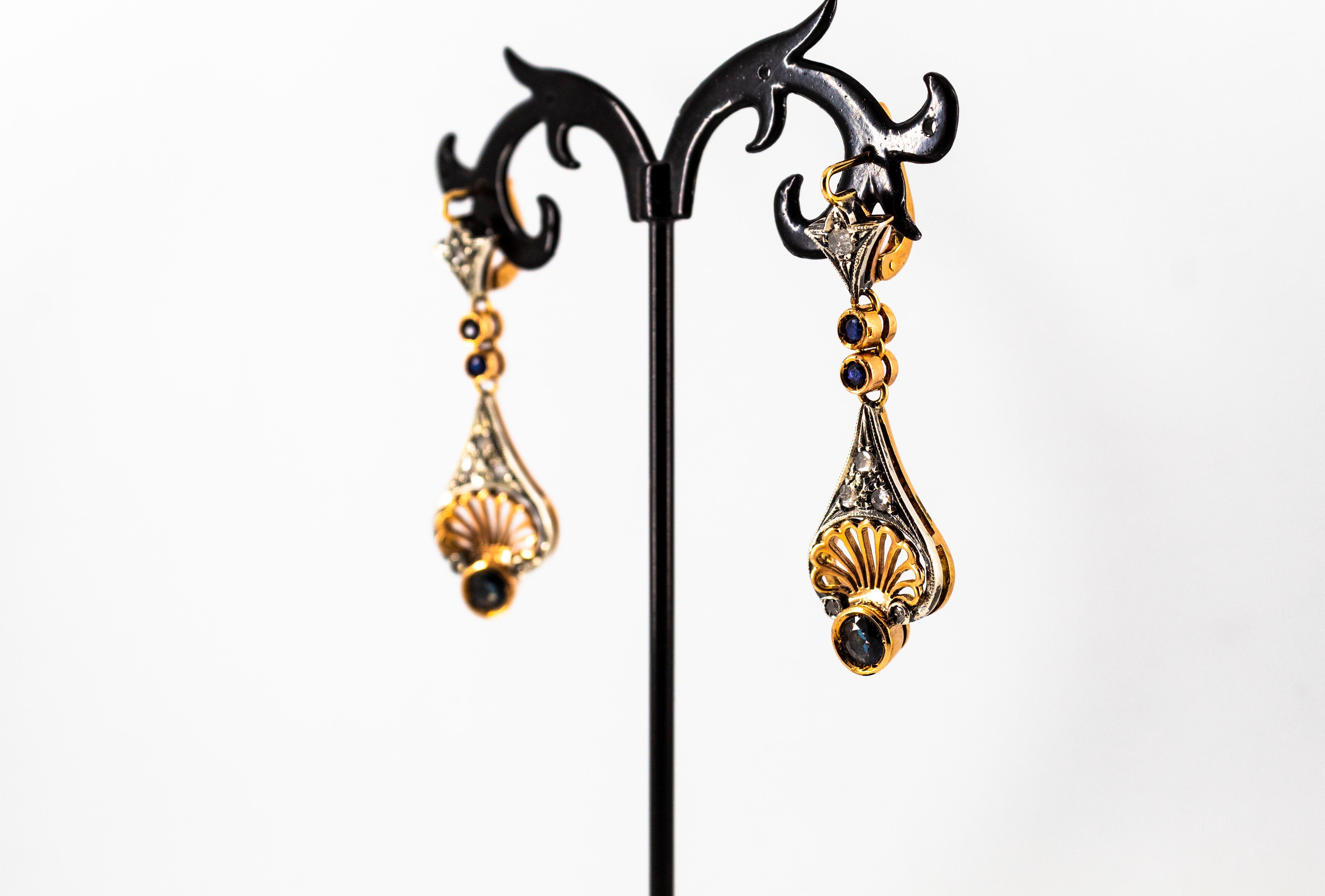 Klappbrisur-Ohrringe aus Gelbgold mit weißem Diamant und blauem Saphir im Rosenschliff, Art déco im Angebot 7