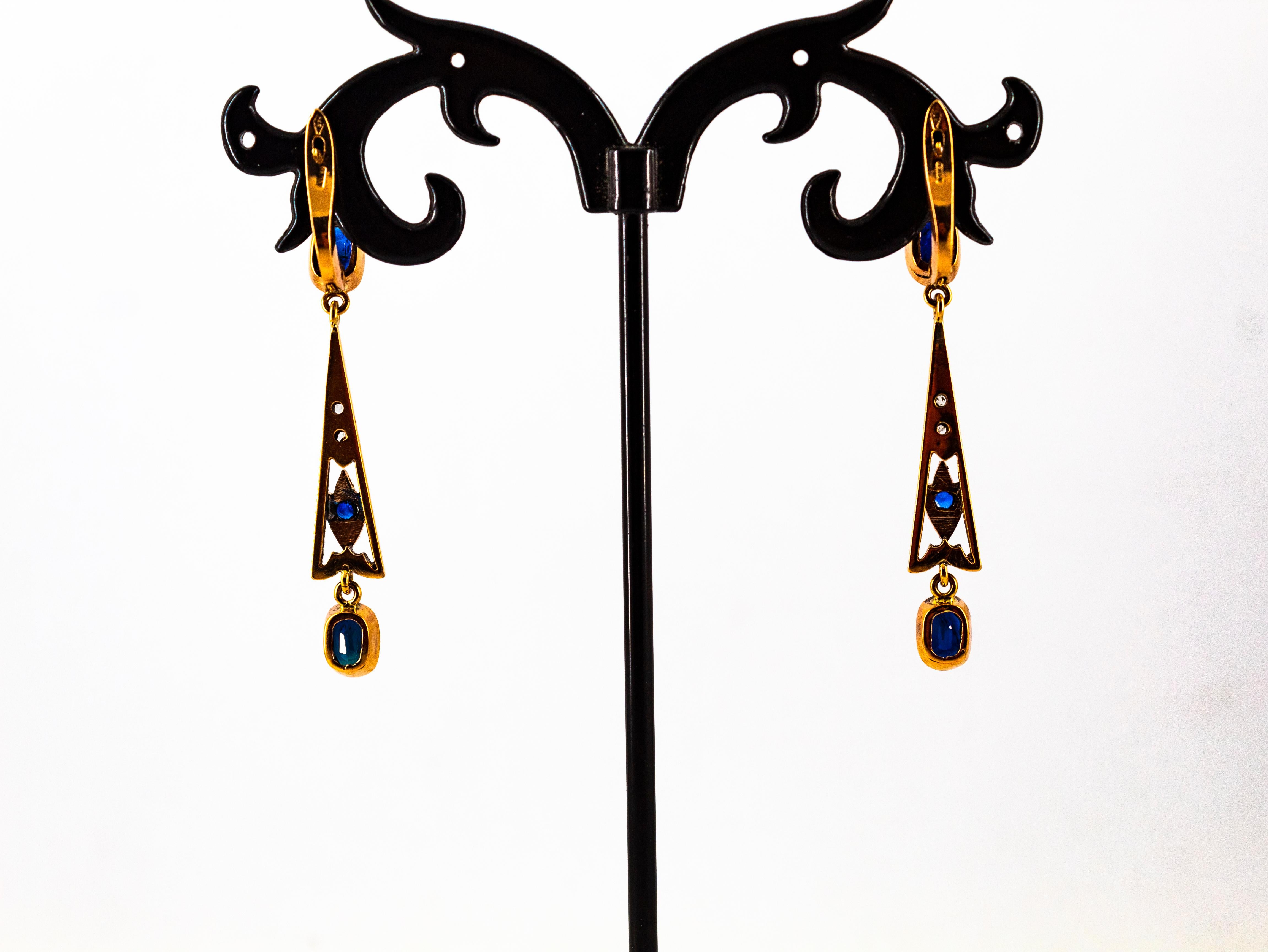 Boucles d'oreilles à levier Art déco en or jaune avec diamants blancs taille rose et saphirs bleus en vente 6