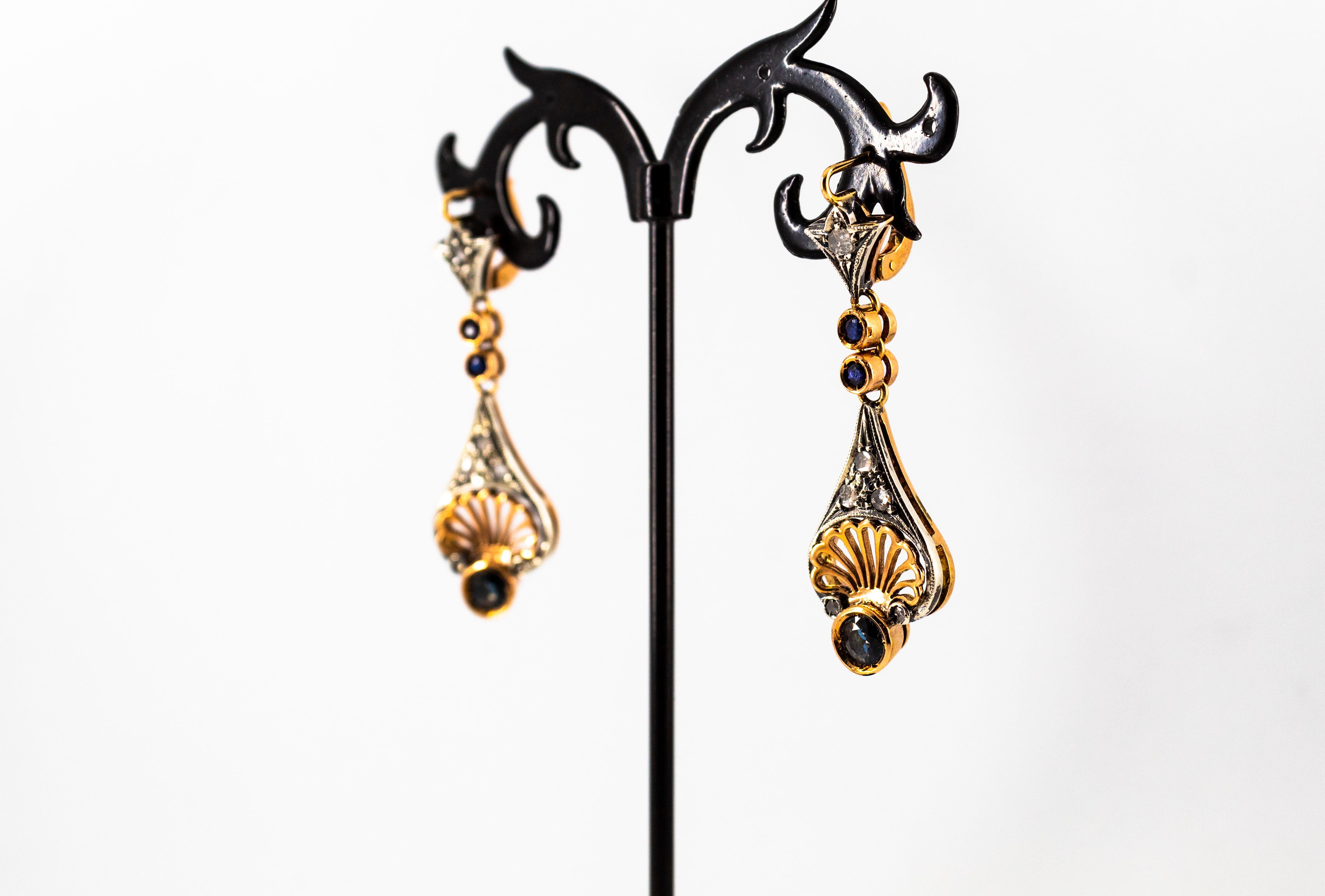 Art Deco White Rose Cut Diamond Blue Sapphire Yellow Gold Lever-Back Earrings For Sale 7