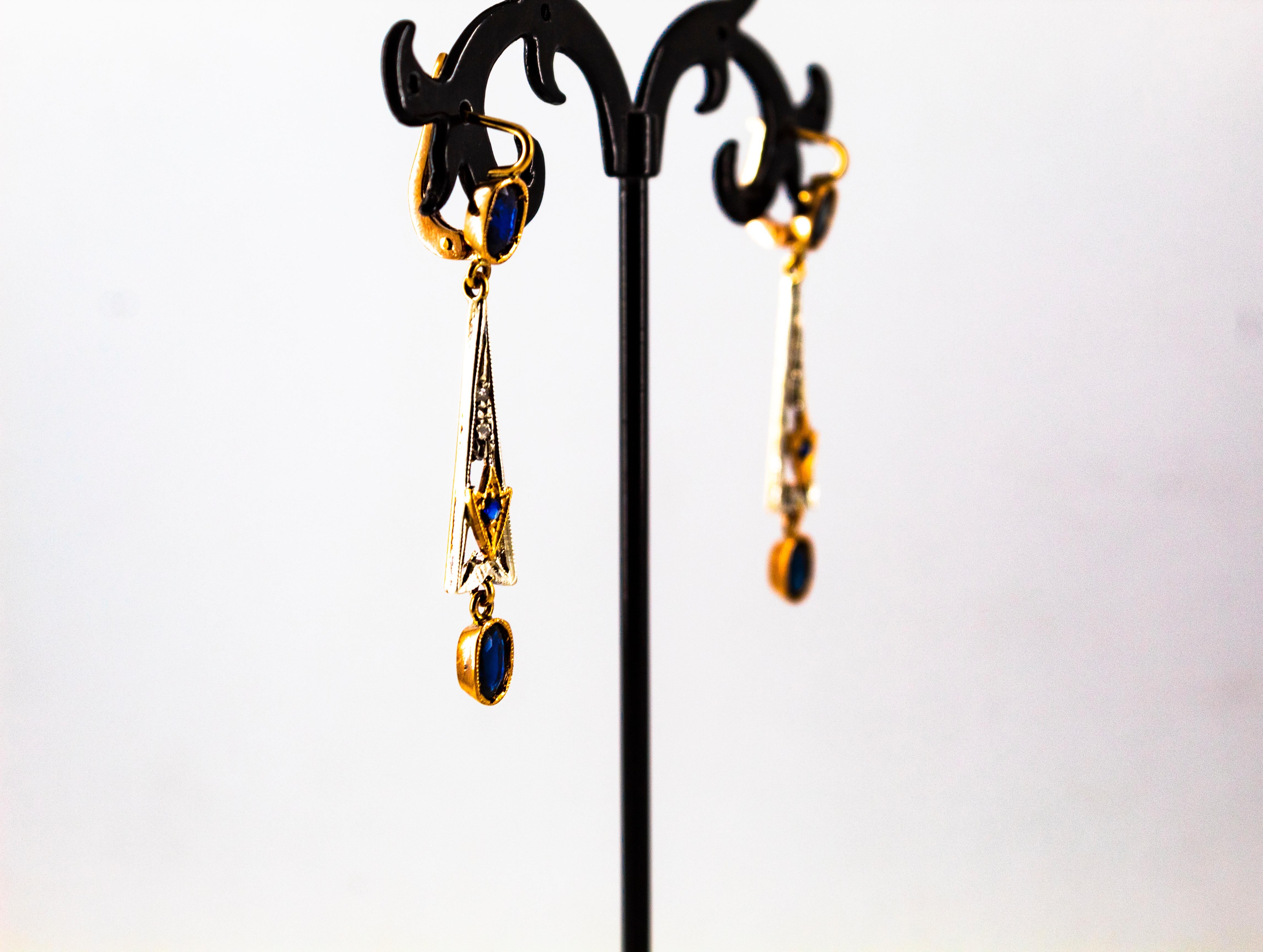 Boucles d'oreilles à levier Art déco en or jaune avec diamants blancs taille rose et saphirs bleus en vente 7