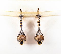 Art Deco White Rose Cut Diamond Blue Sapphire Yellow Gold Lever-Back Earrings