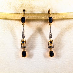 Art Deco White Rose Cut Diamond Blue Sapphire Yellow Gold Lever-Back Earrings