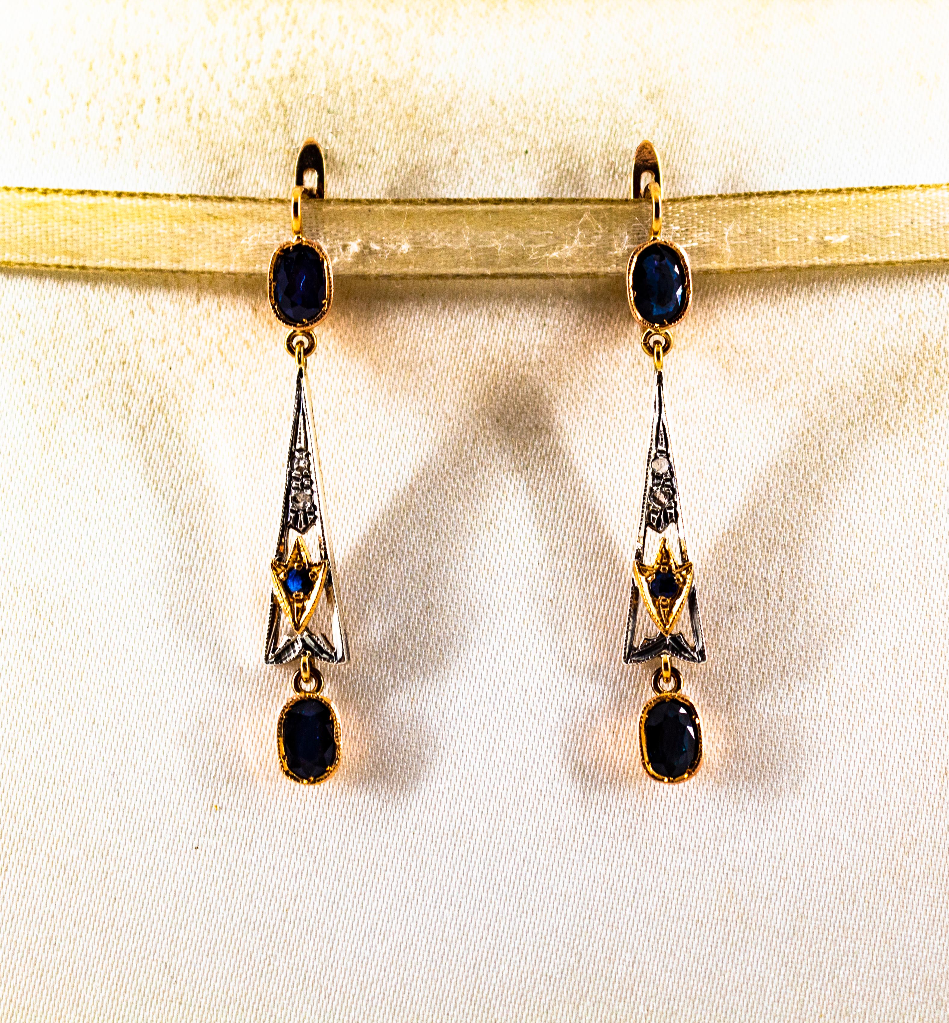 Art Deco White Rose Cut Diamond Blue Sapphire Yellow Gold Lever-Back Earrings In New Condition For Sale In Naples, IT
