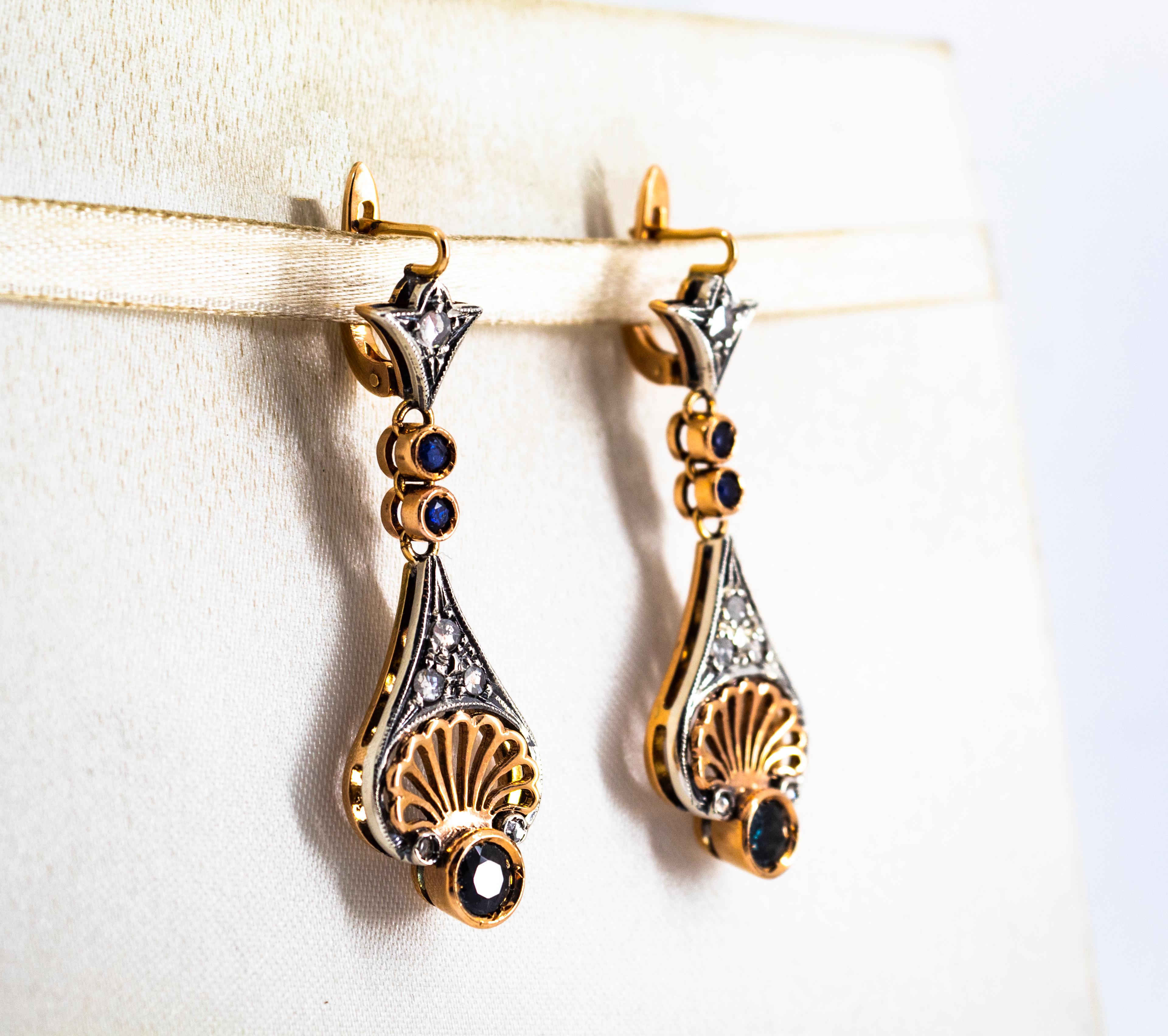 Art Deco White Rose Cut Diamond Blue Sapphire Yellow Gold Lever-Back Earrings In New Condition For Sale In Naples, IT
