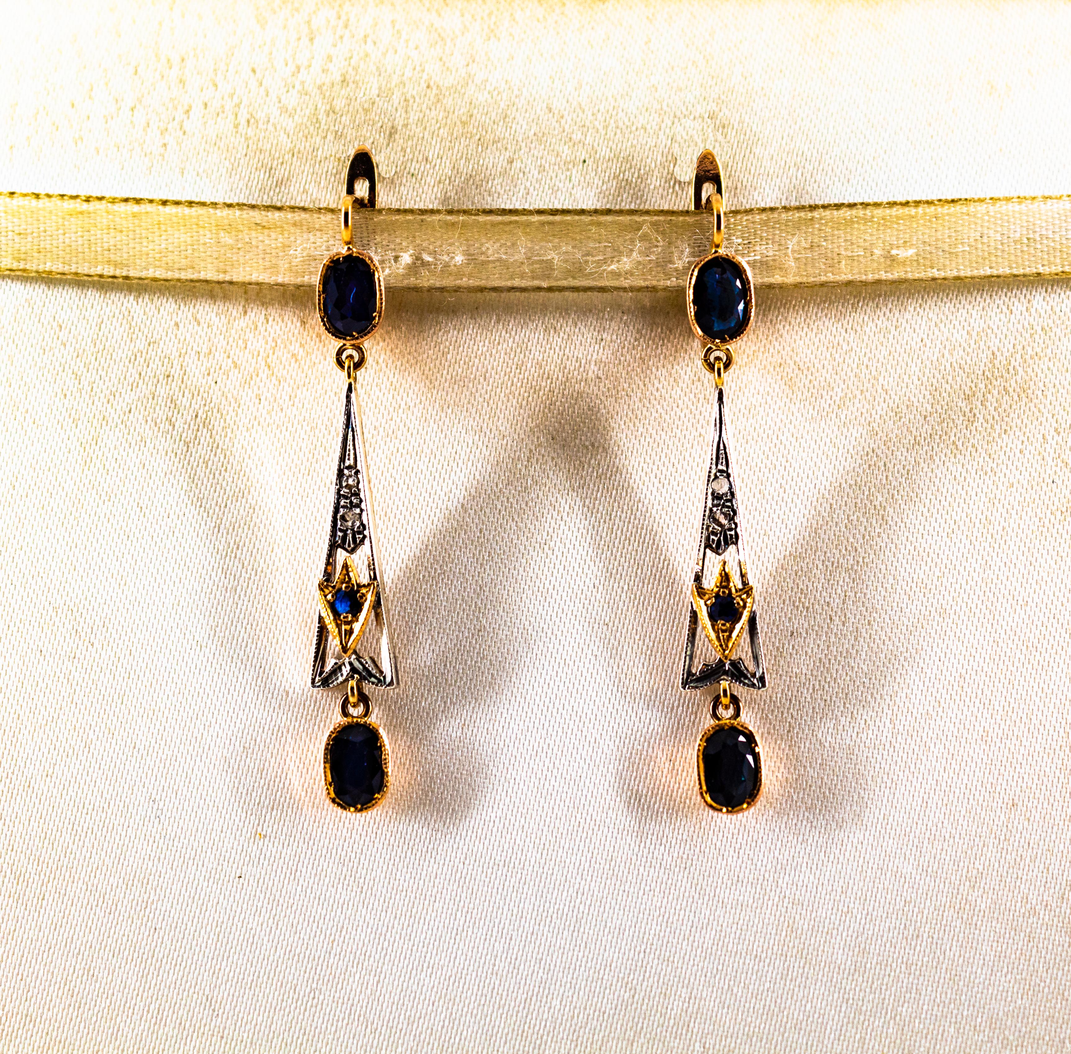 Women's or Men's Art Deco White Rose Cut Diamond Blue Sapphire Yellow Gold Lever-Back Earrings For Sale