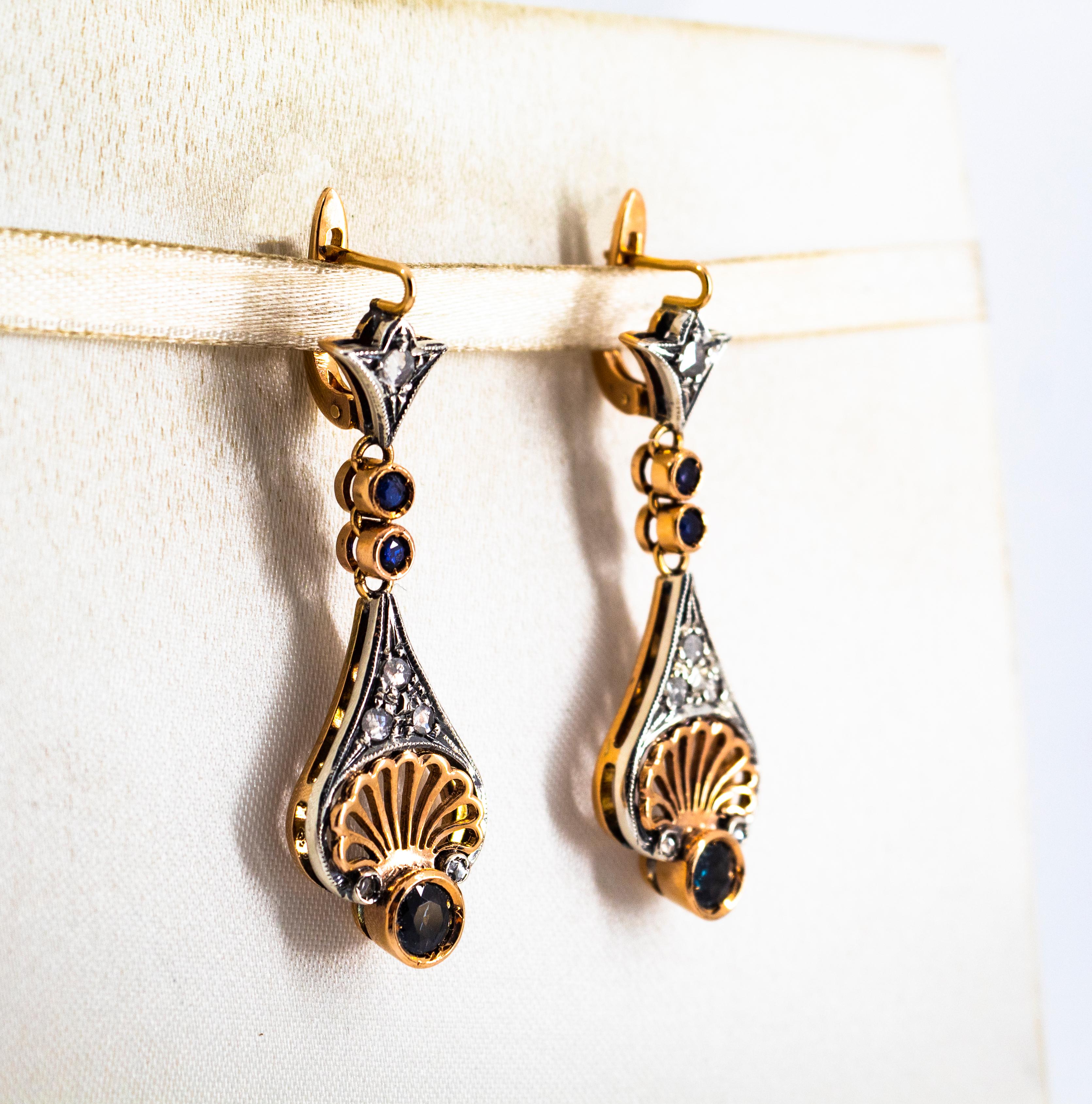 Women's or Men's Art Deco White Rose Cut Diamond Blue Sapphire Yellow Gold Lever-Back Earrings For Sale