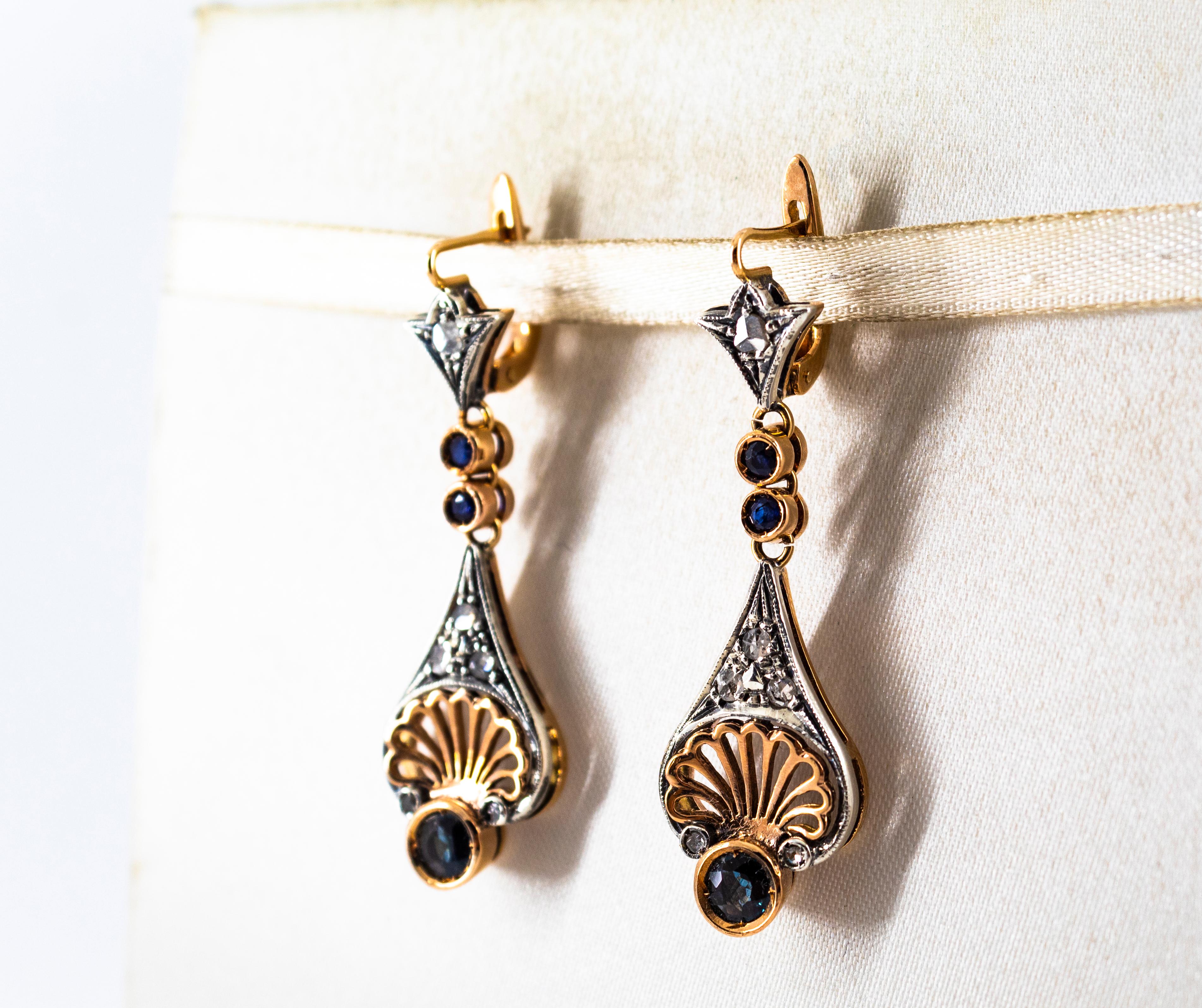 Art Deco White Rose Cut Diamond Blue Sapphire Yellow Gold Lever-Back Earrings For Sale 1