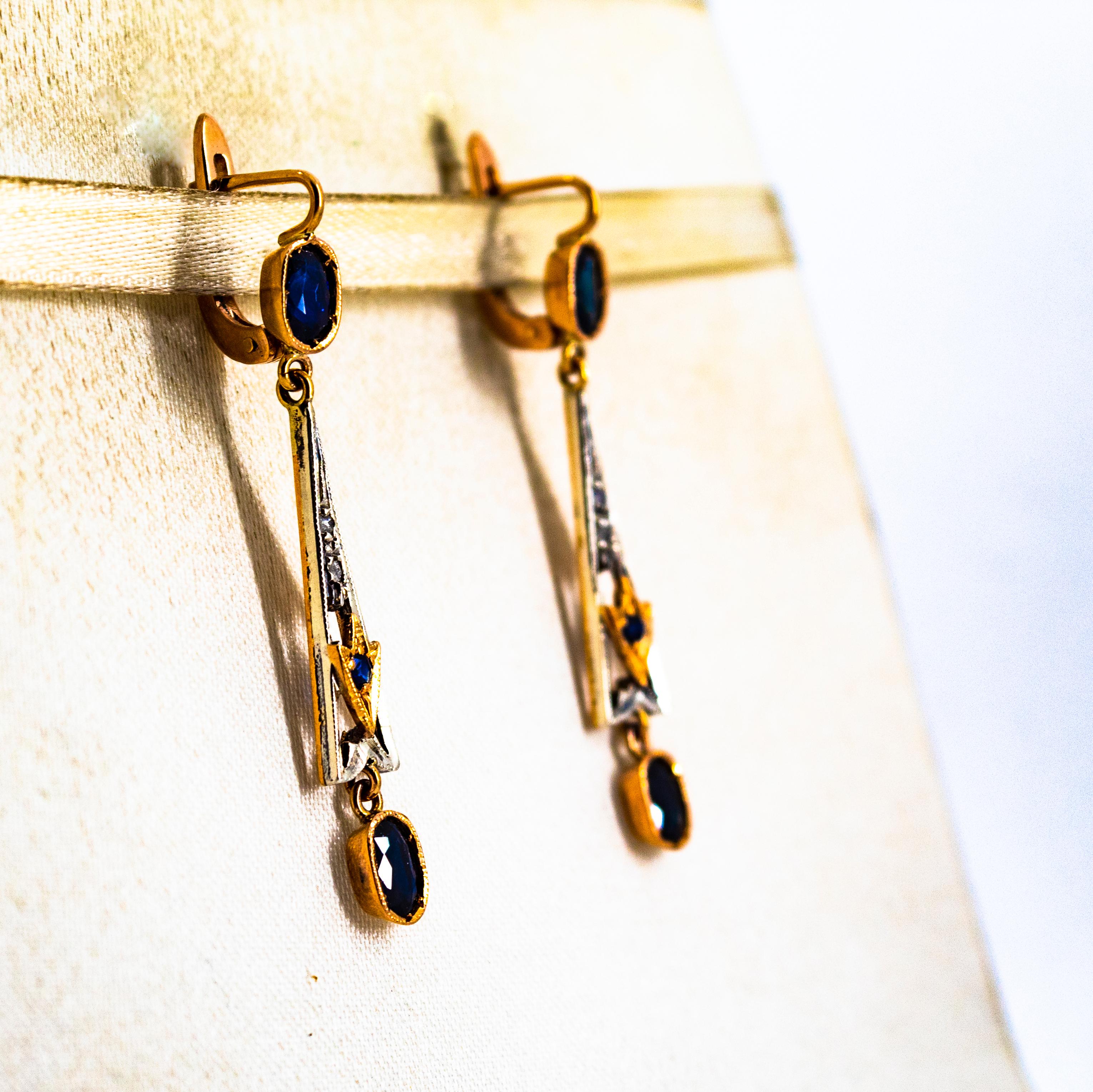 Art Deco White Rose Cut Diamond Blue Sapphire Yellow Gold Lever-Back Earrings en Nuevo estado para la venta en Naples, IT