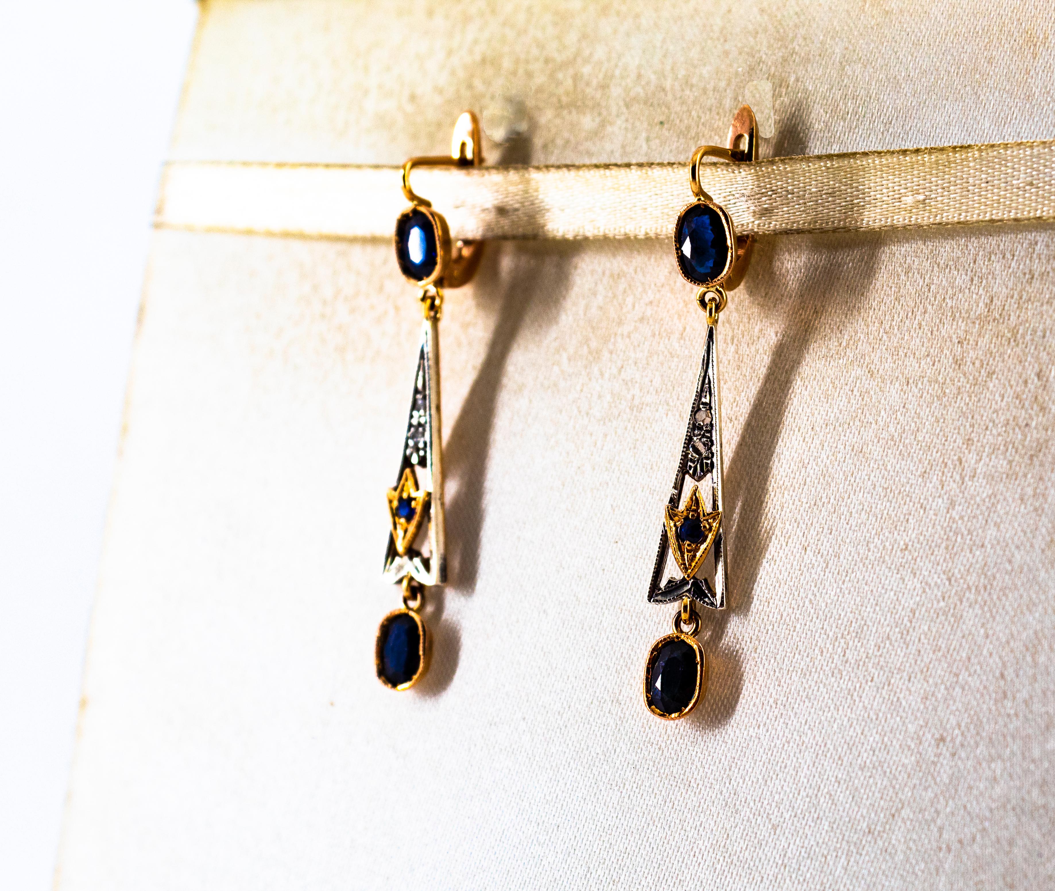 Boucles d'oreilles à levier Art déco en or jaune avec diamants blancs taille rose et saphirs bleus en vente 1