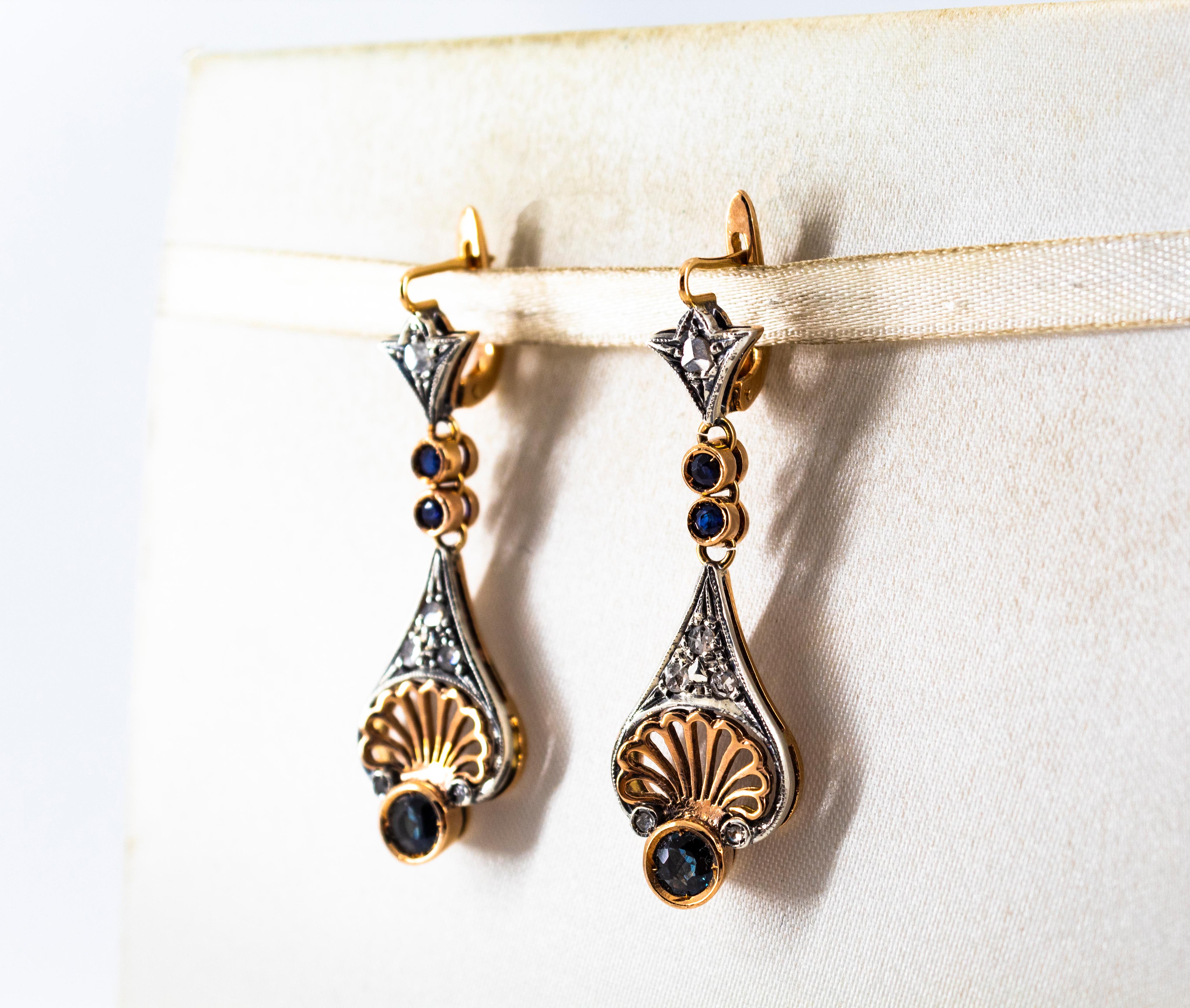 Art Deco White Rose Cut Diamond Blue Sapphire Yellow Gold Lever-Back Earrings For Sale 2
