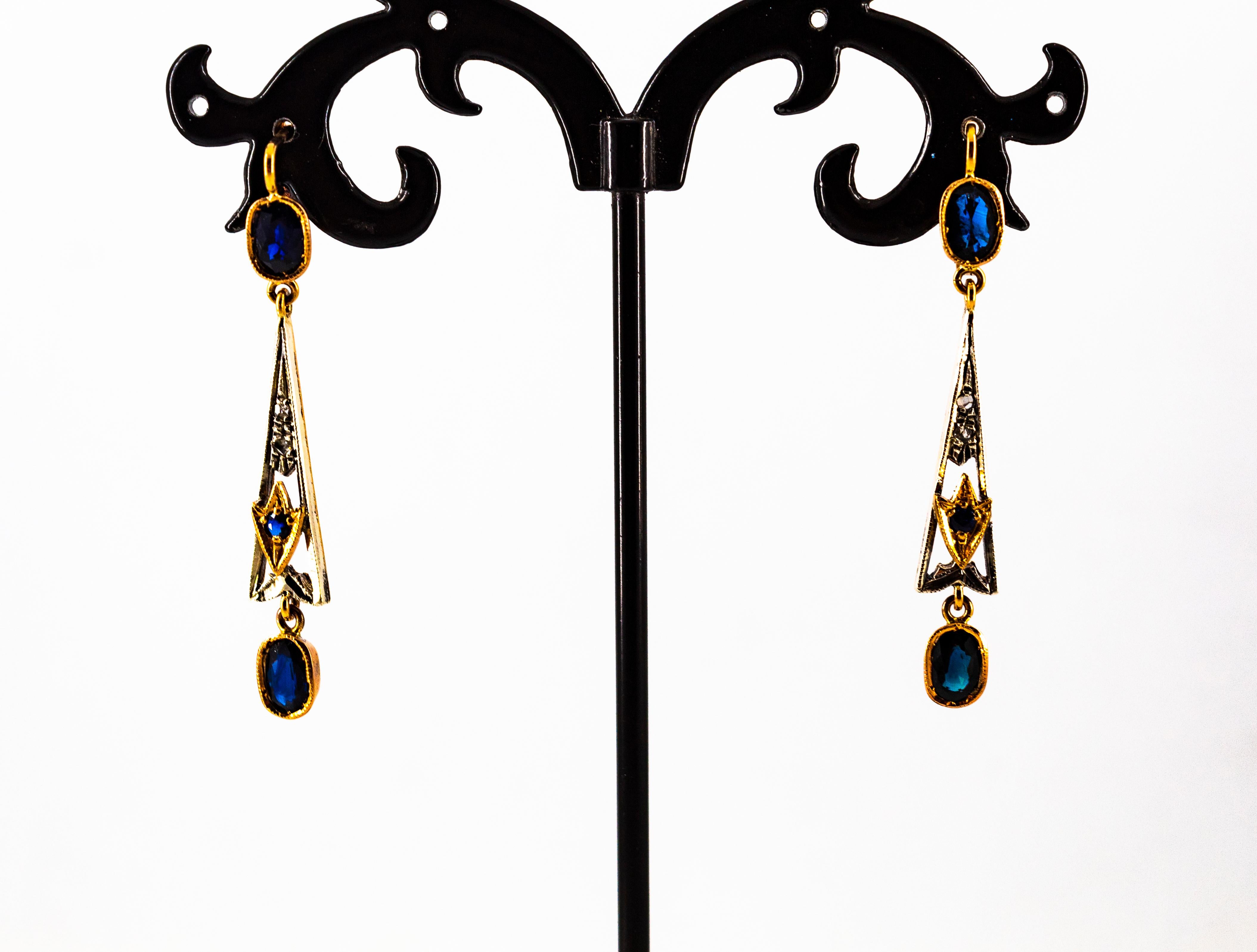 Art Deco White Rose Cut Diamond Blue Sapphire Yellow Gold Lever-Back Earrings en venta 1