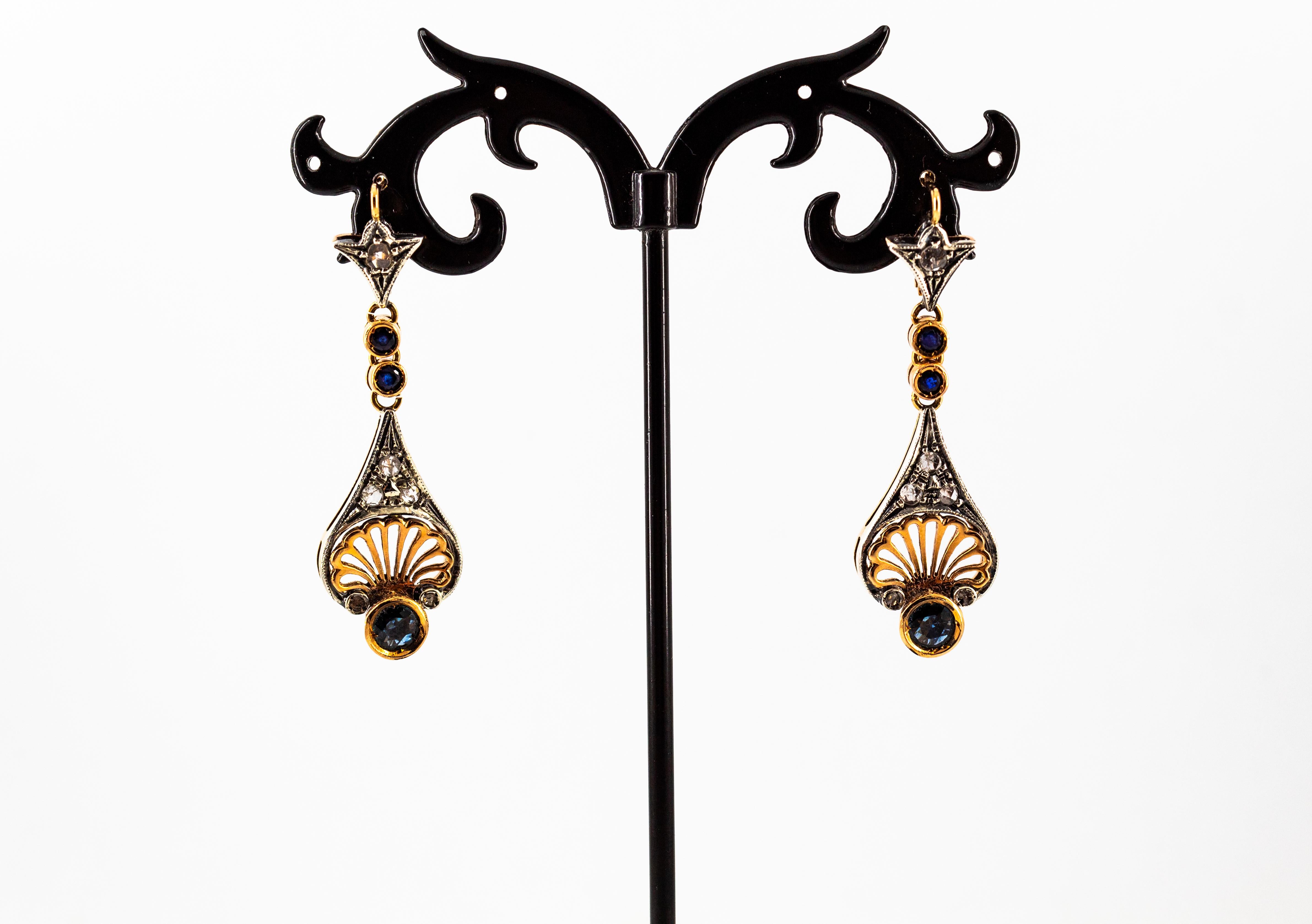 Art Deco White Rose Cut Diamond Blue Sapphire Yellow Gold Lever-Back Earrings For Sale 3