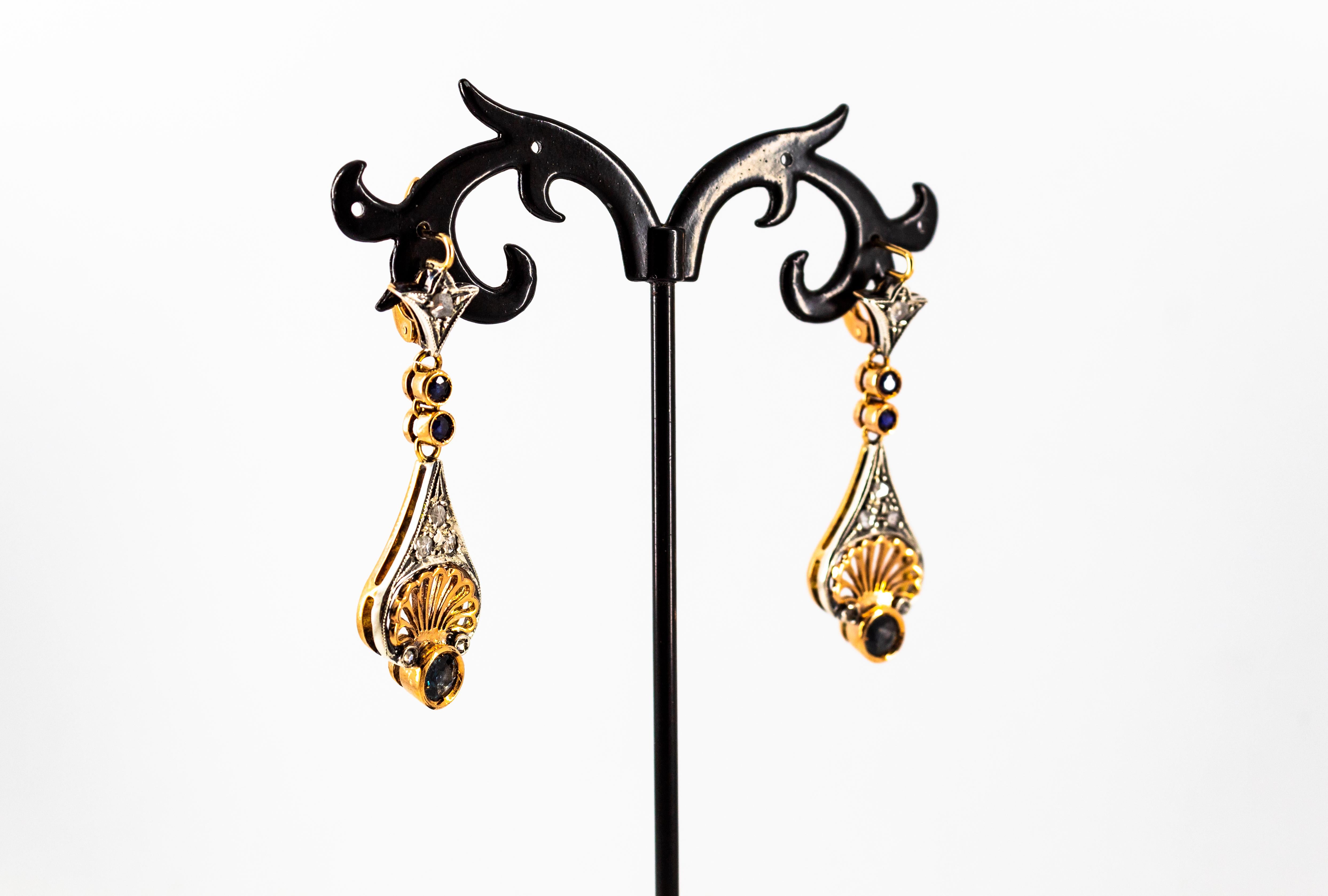 Klappbrisur-Ohrringe aus Gelbgold mit weißem Diamant und blauem Saphir im Rosenschliff, Art déco im Angebot 4