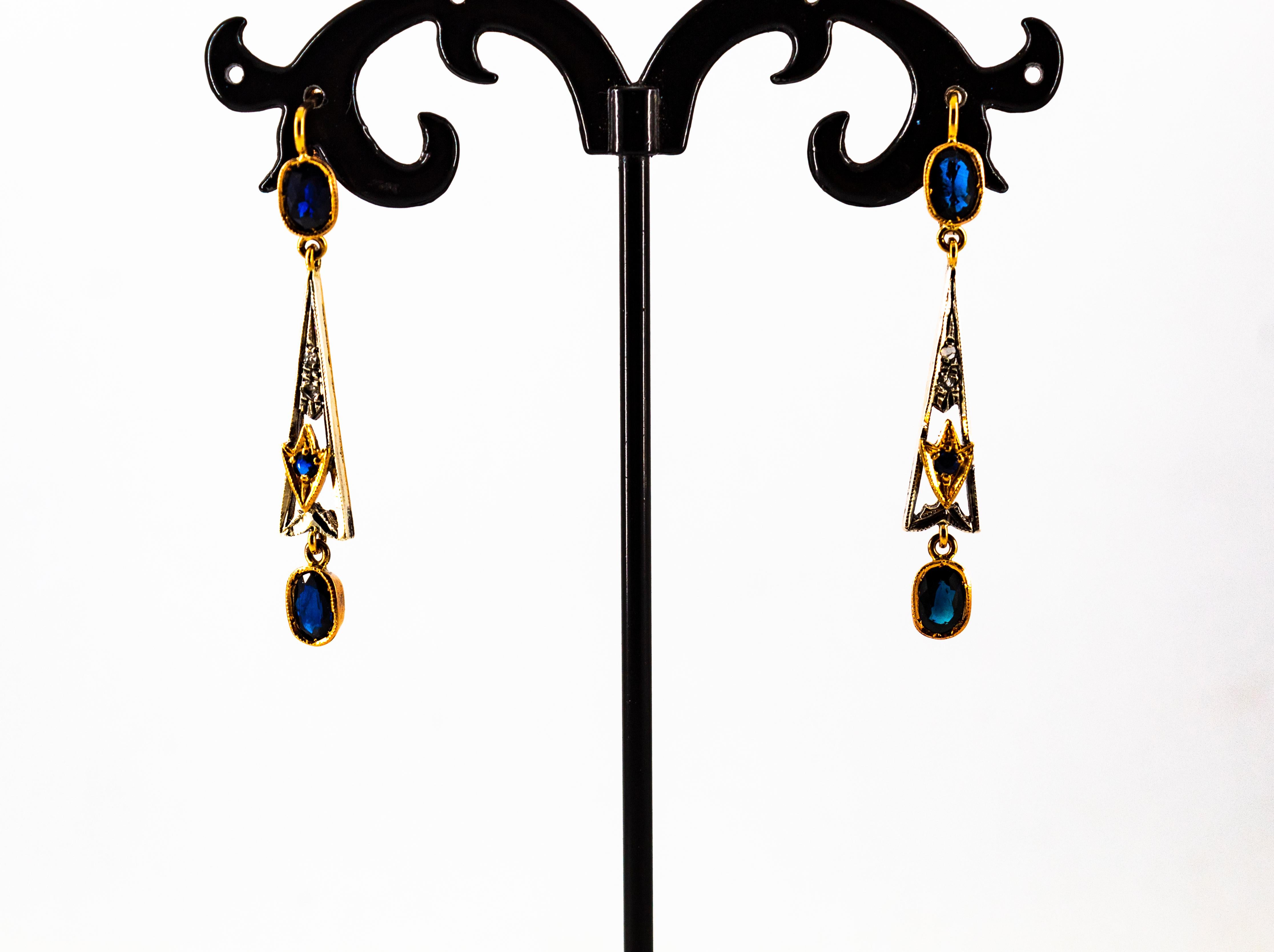 Art Deco White Rose Cut Diamond Blue Sapphire Yellow Gold Lever-Back Earrings For Sale 4