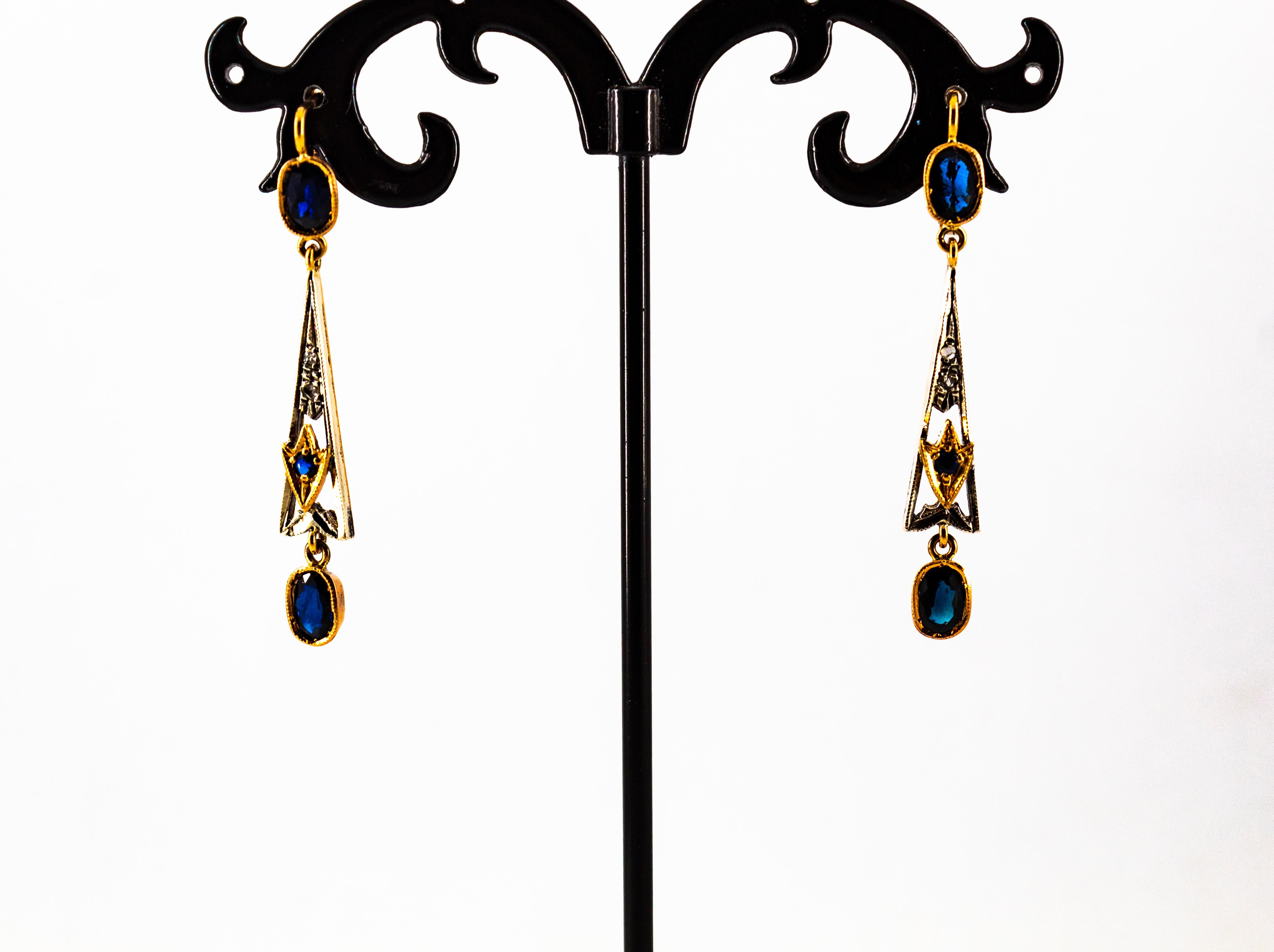 Art Deco White Rose Cut Diamond Blue Sapphire Yellow Gold Lever-Back Earrings en venta 2