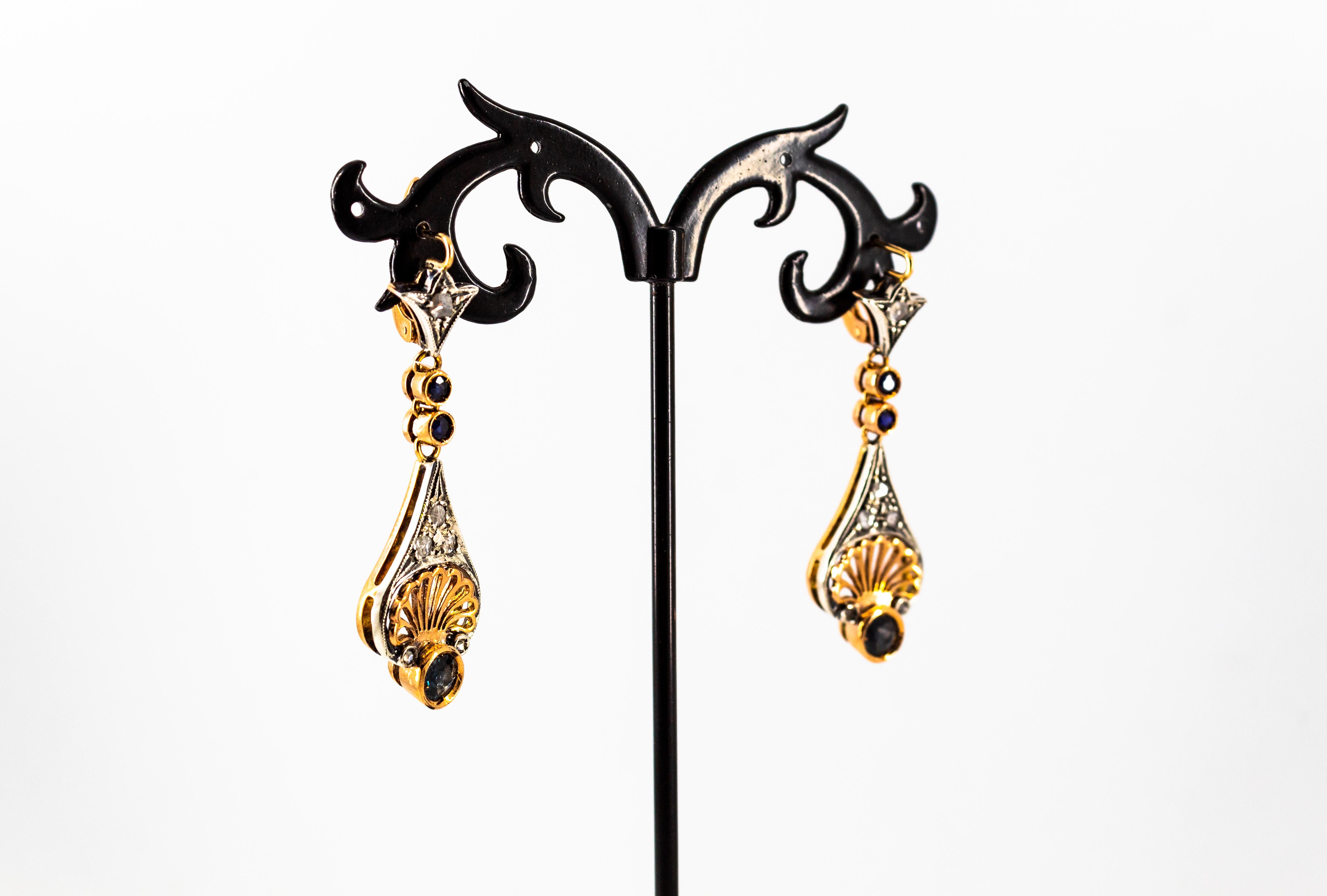 Art Deco White Rose Cut Diamond Blue Sapphire Yellow Gold Lever-Back Earrings For Sale 4