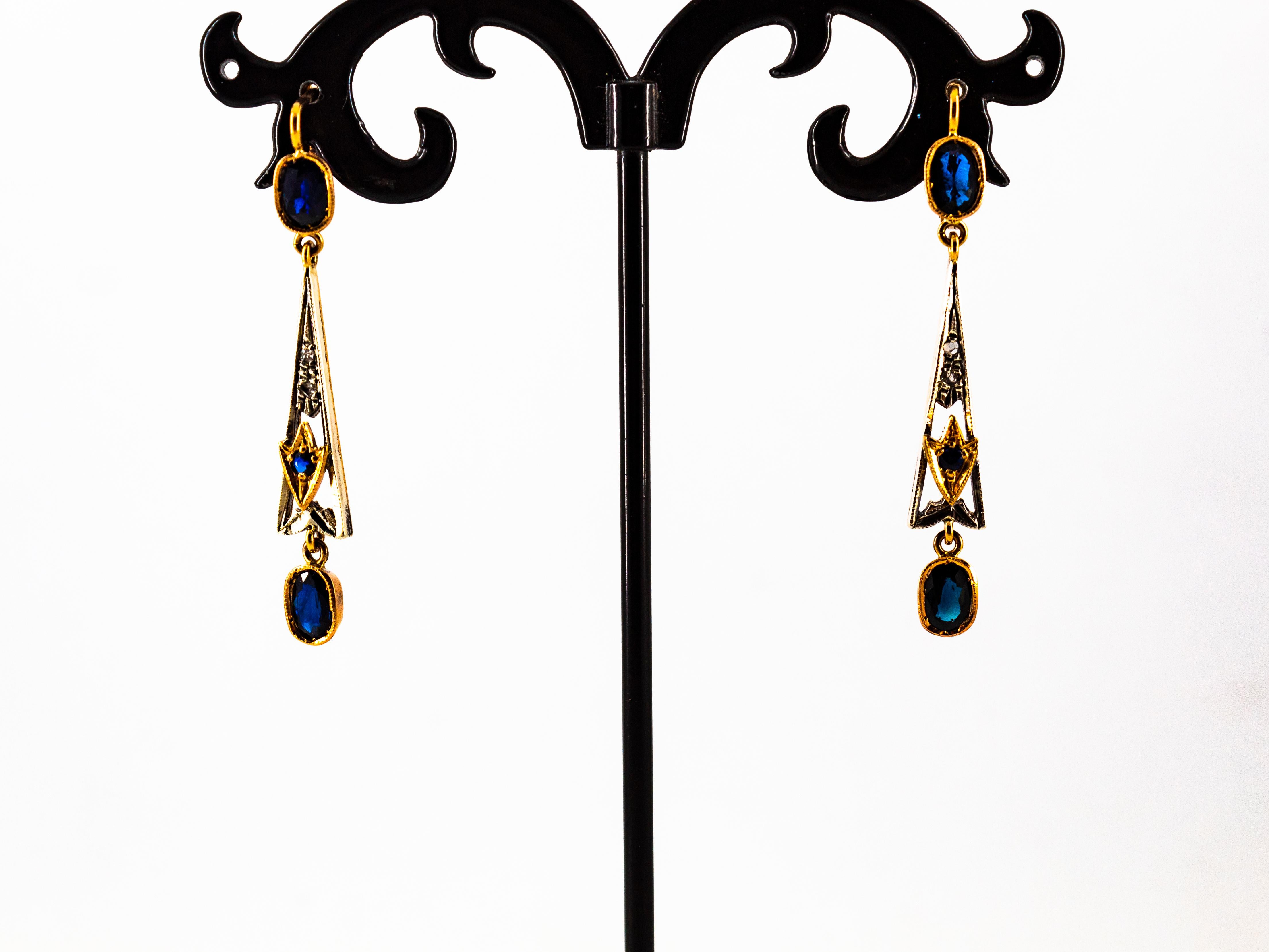 Art Deco White Rose Cut Diamond Blue Sapphire Yellow Gold Lever-Back Earrings For Sale 5