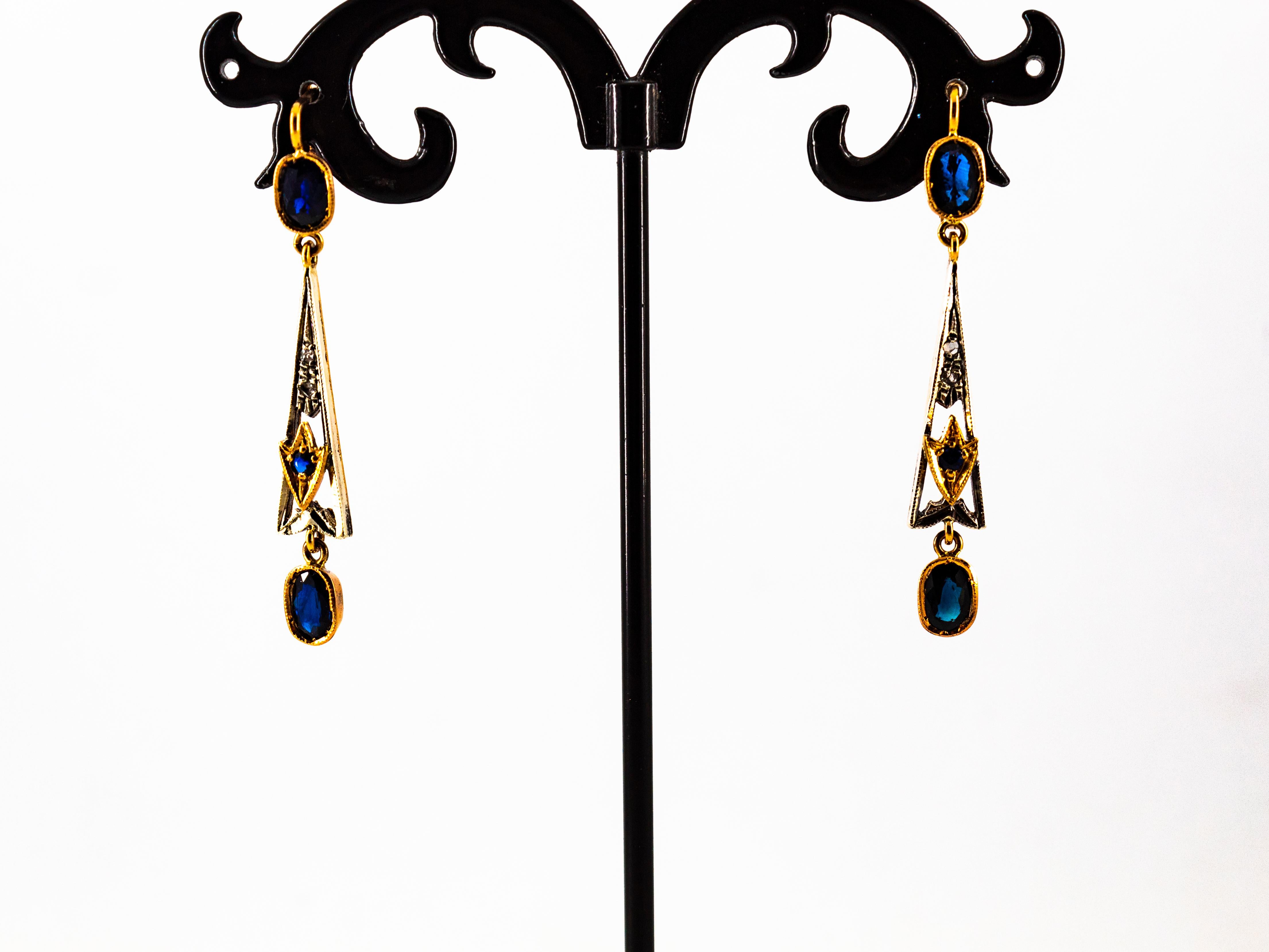 Art Deco White Rose Cut Diamond Blue Sapphire Yellow Gold Lever-Back Earrings en venta 3