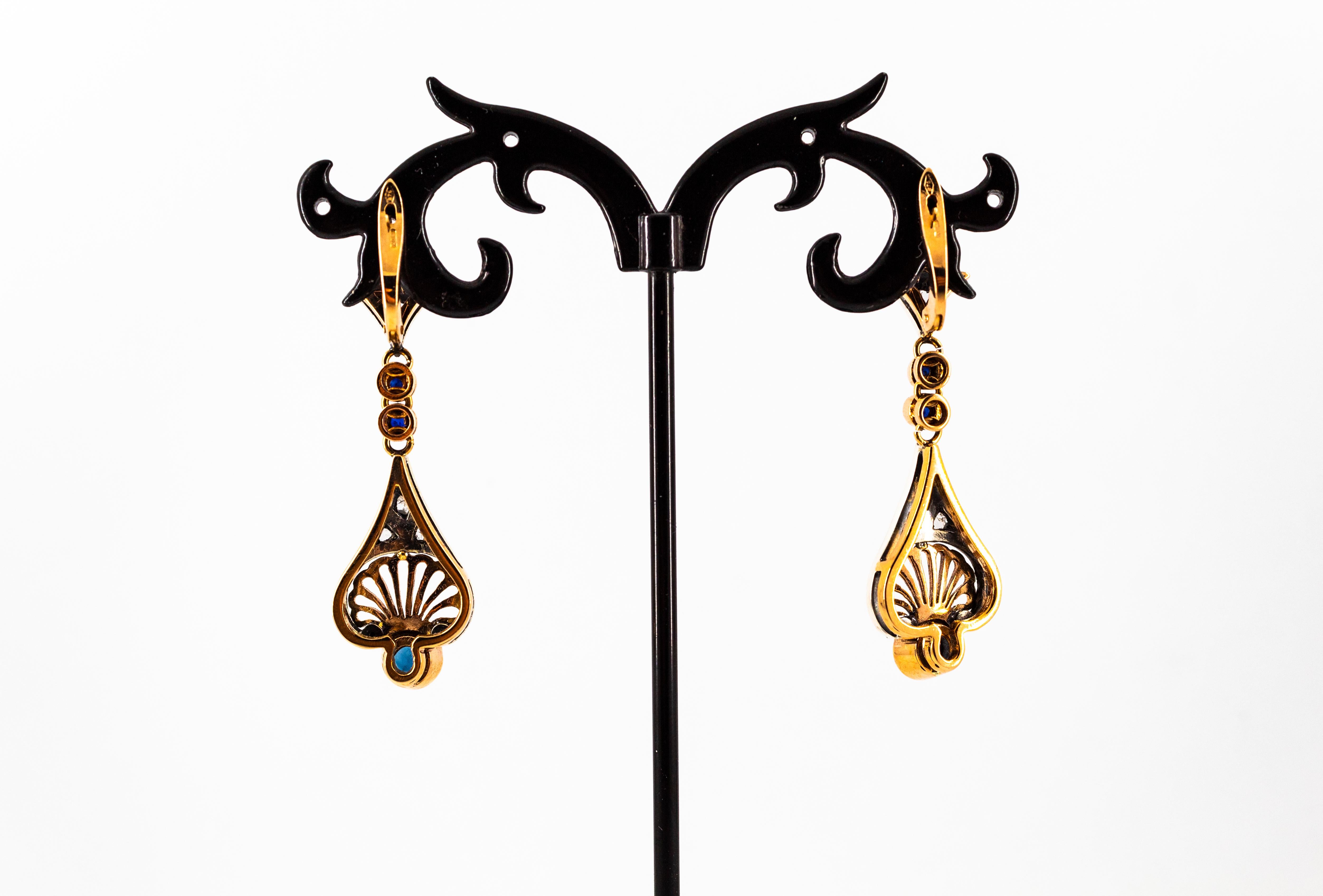 Art Deco White Rose Cut Diamond Blue Sapphire Yellow Gold Lever-Back Earrings For Sale 5
