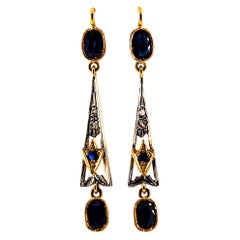 Art Deco White Rose Cut Diamond Blue Sapphire Yellow Gold Lever-Back Earrings