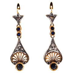 Art Deco White Rose Cut Diamond Blue Sapphire Yellow Gold Lever-Back Earrings