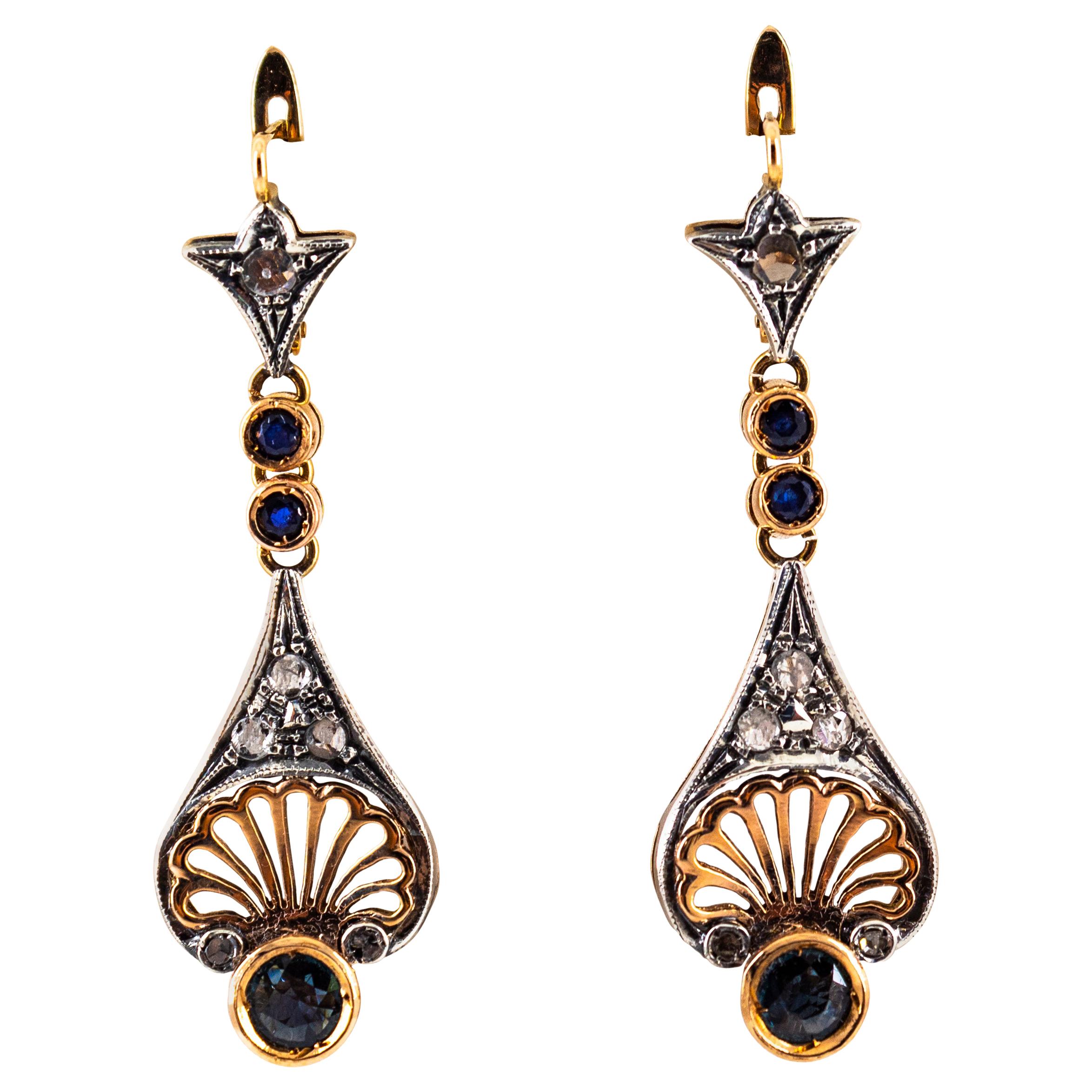 Art Deco White Rose Cut Diamond Blue Sapphire Yellow Gold Lever-Back Earrings For Sale