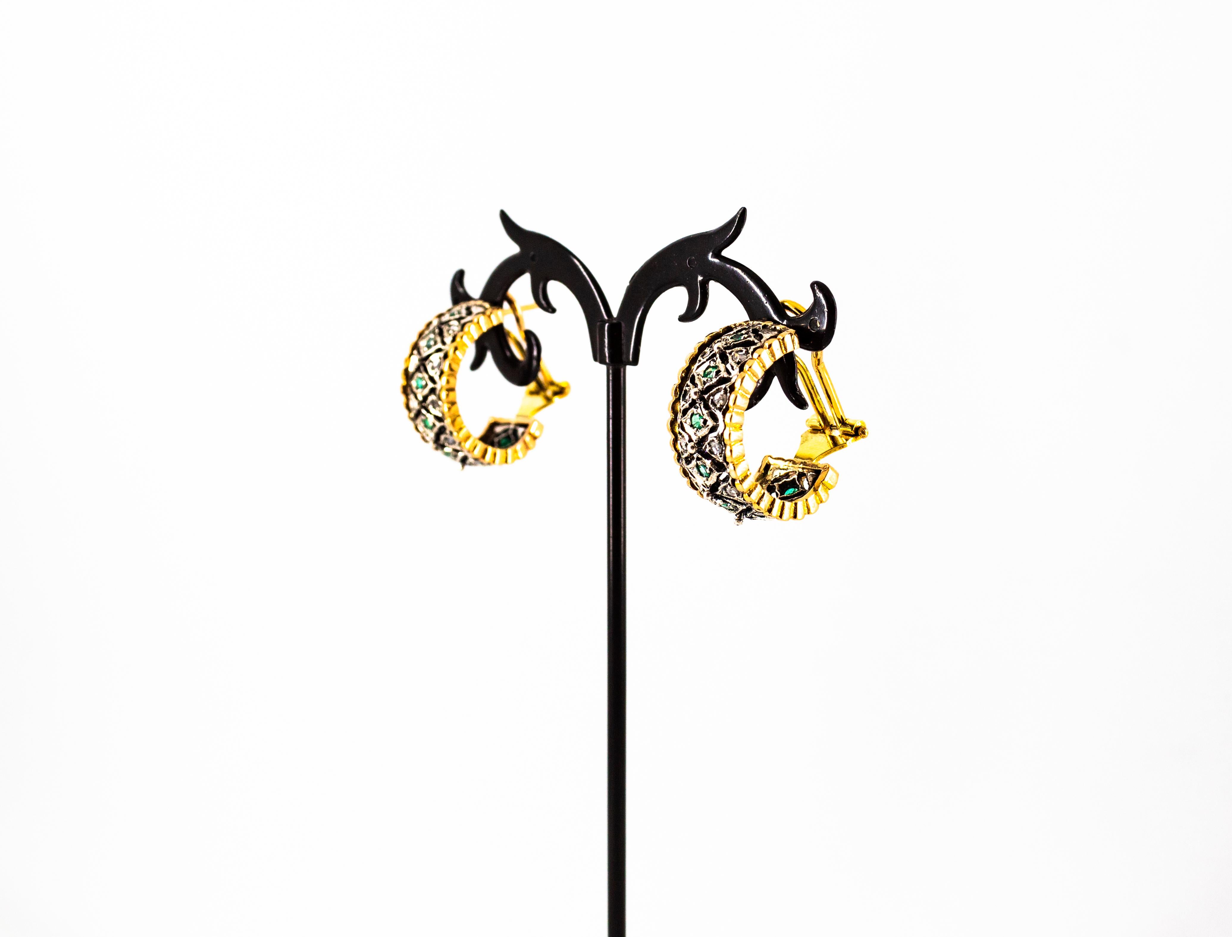 Clips d'oreilles Art déco en or jaune avec diamants blancs taille rose et émeraudes en vente 5