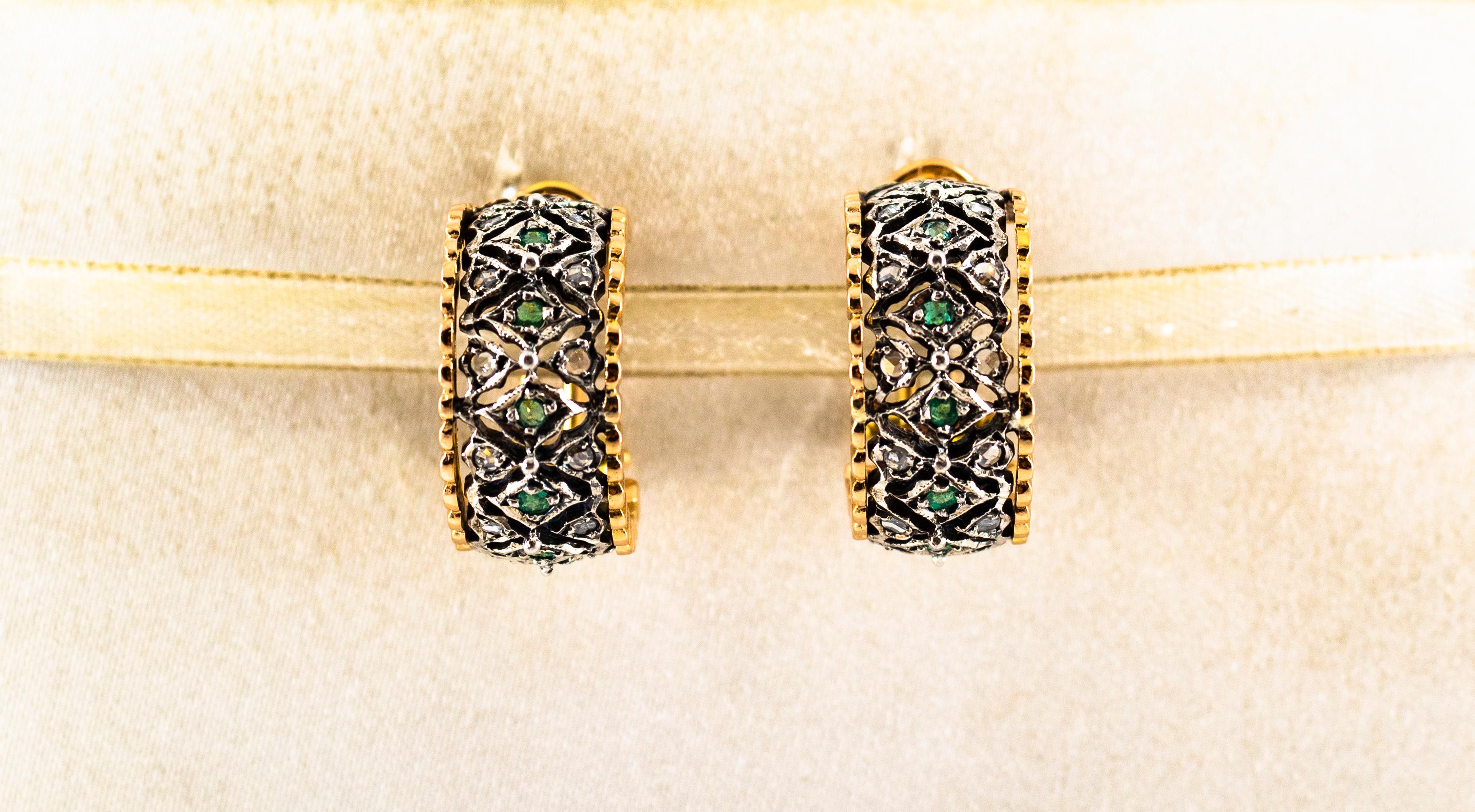 These Earrings are made of 9K Yellow Gold and Sterling Silver.
These Earrings have 0.48 Carats of White Rose Cut Diamonds.
These Earrings have 0.28 Carat of Emeralds.

All our Earrings have pins for pierced ears but we can change the closure and