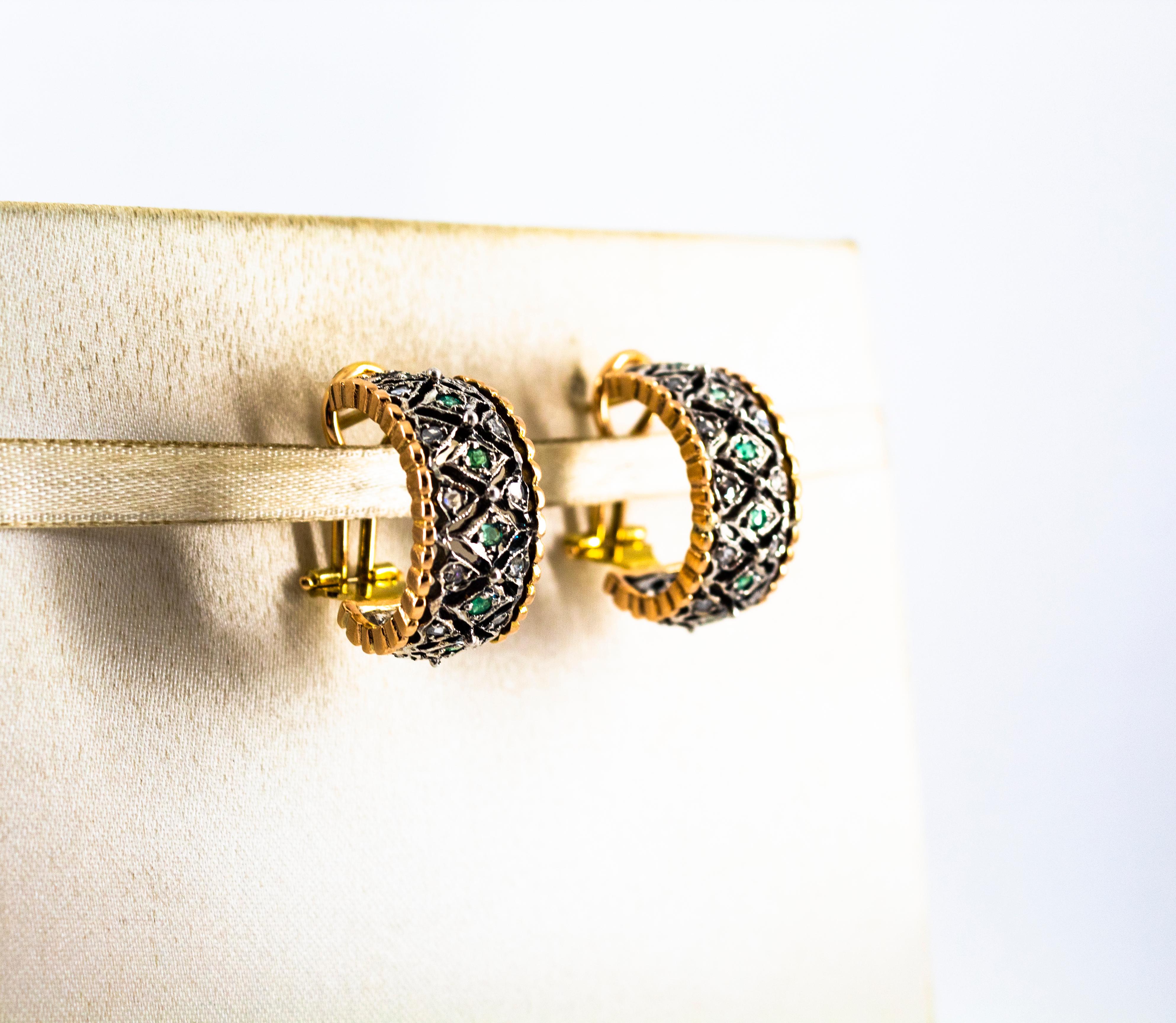 Women's or Men's Art Deco White Rose Cut Diamond Emerald Yellow Gold Dangle Clip-On Earrings