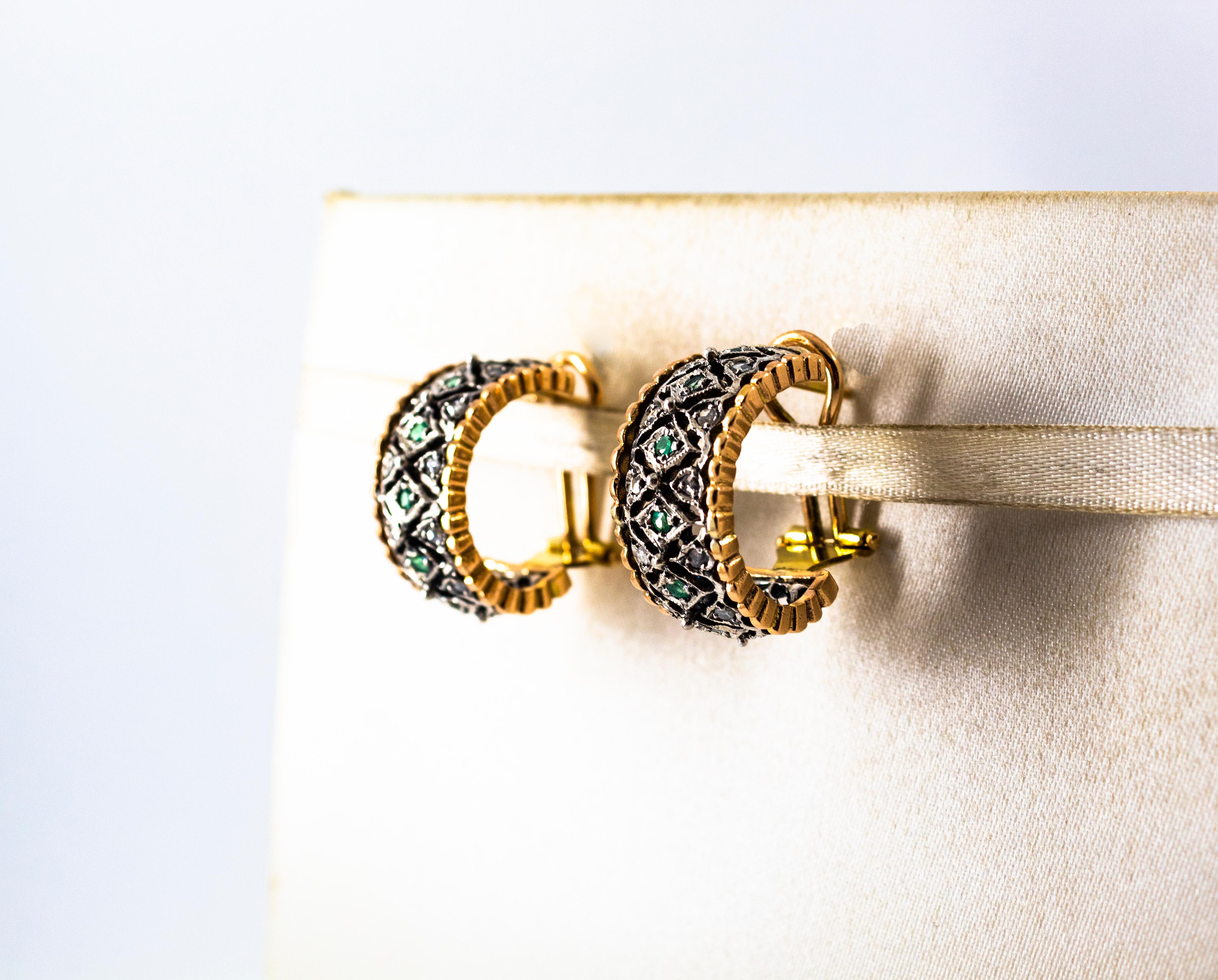 Art Deco White Rose Cut Diamond Emerald Yellow Gold Dangle Clip-On Earrings 1