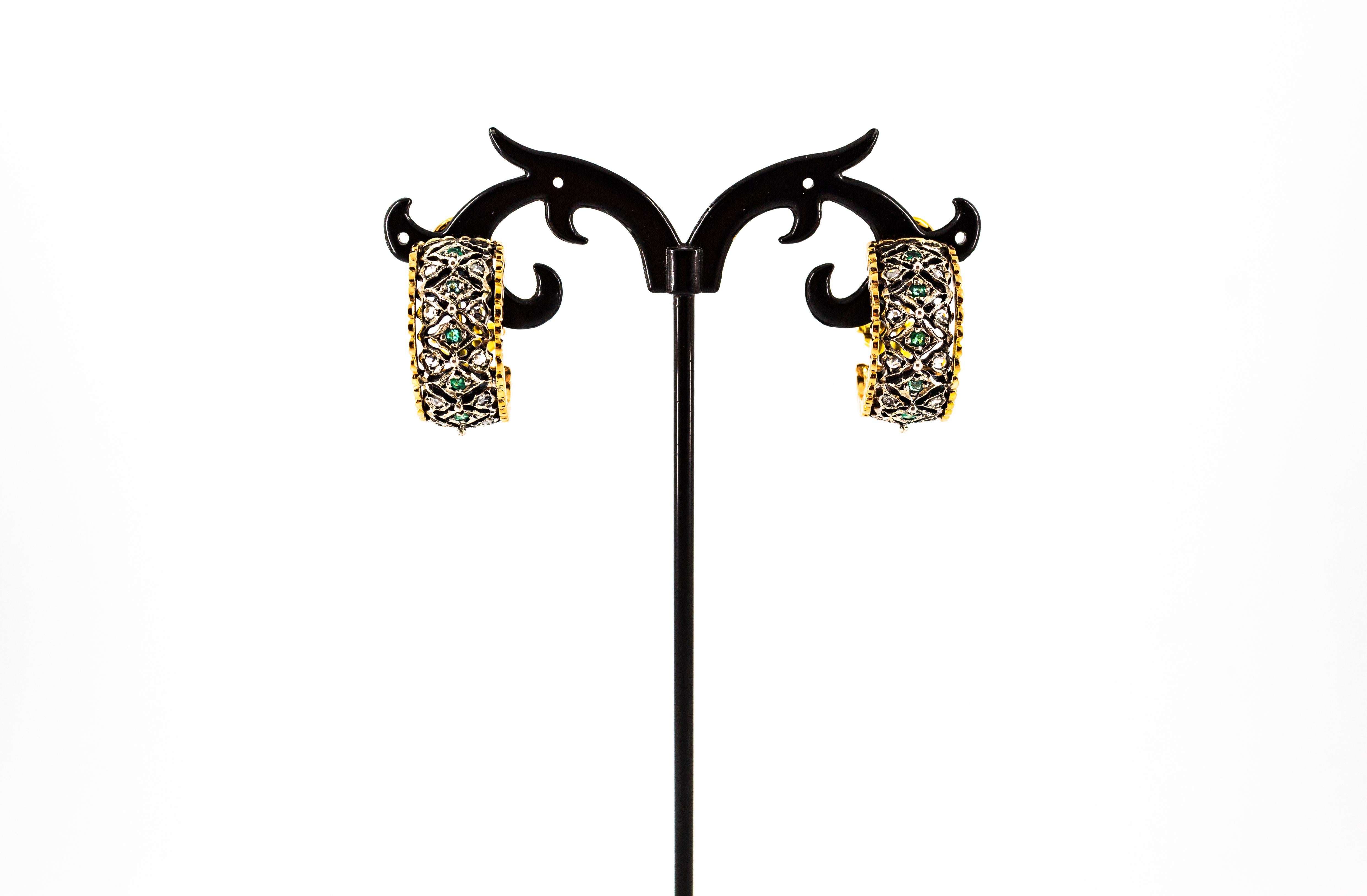 Art Deco White Rose Cut Diamond Emerald Yellow Gold Dangle Clip-On Earrings 3