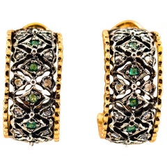 Art Deco White Rose Cut Diamond Emerald Yellow Gold Dangle Clip-On Earrings
