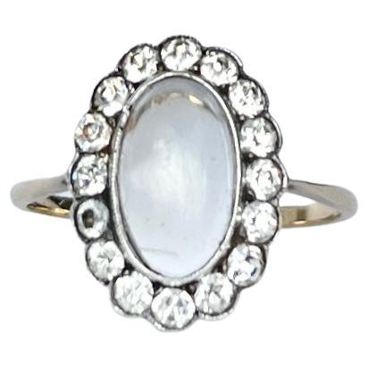 Art Deco White Sapphire and Moonstone 9 Carat Gold and Silver Ring For Sale
