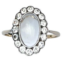 Art Deco White Sapphire and Moonstone 9 Carat Gold and Silver Ring